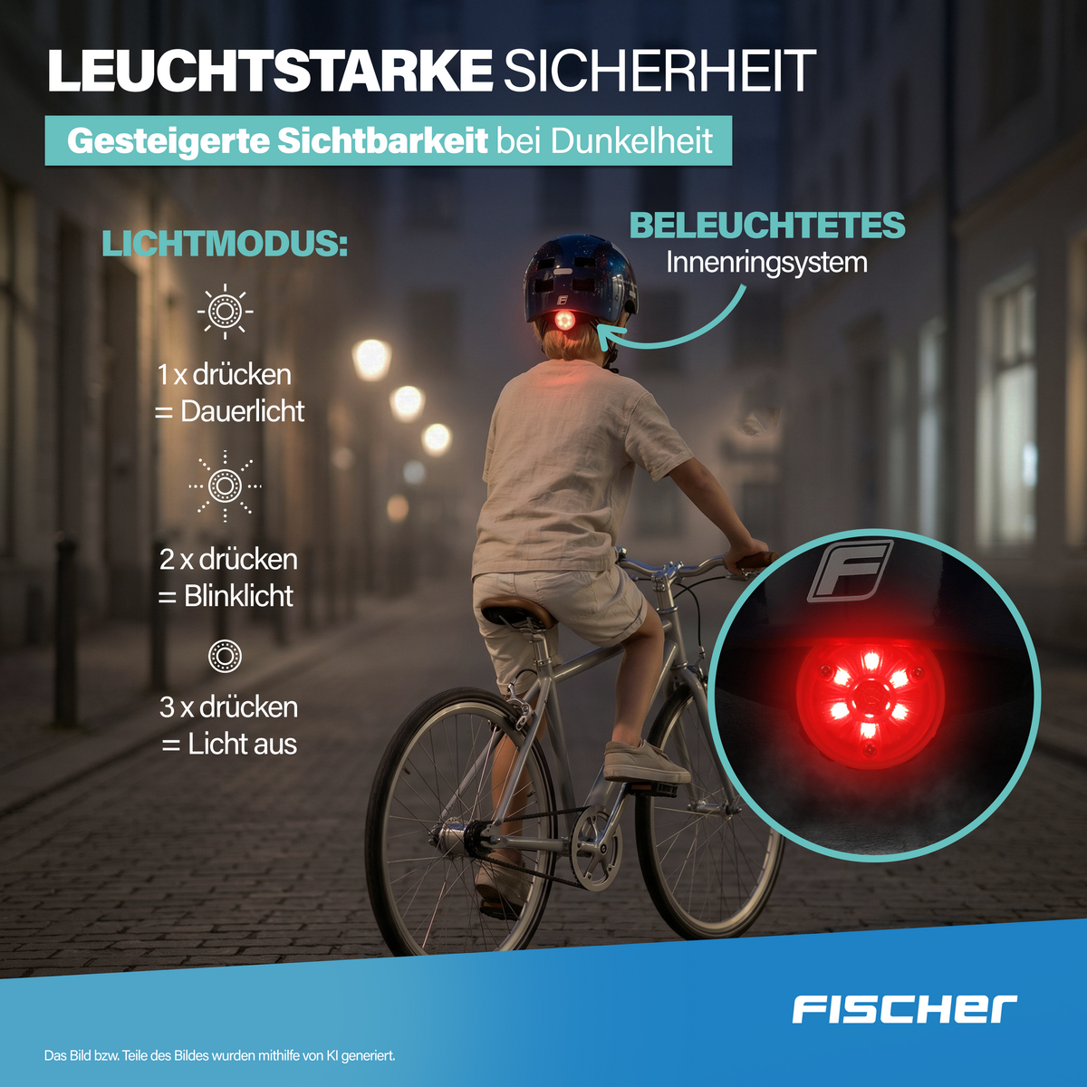 Ein Kind auf einem Fahrrad bei Nacht, mit beleuchtetem Helm.