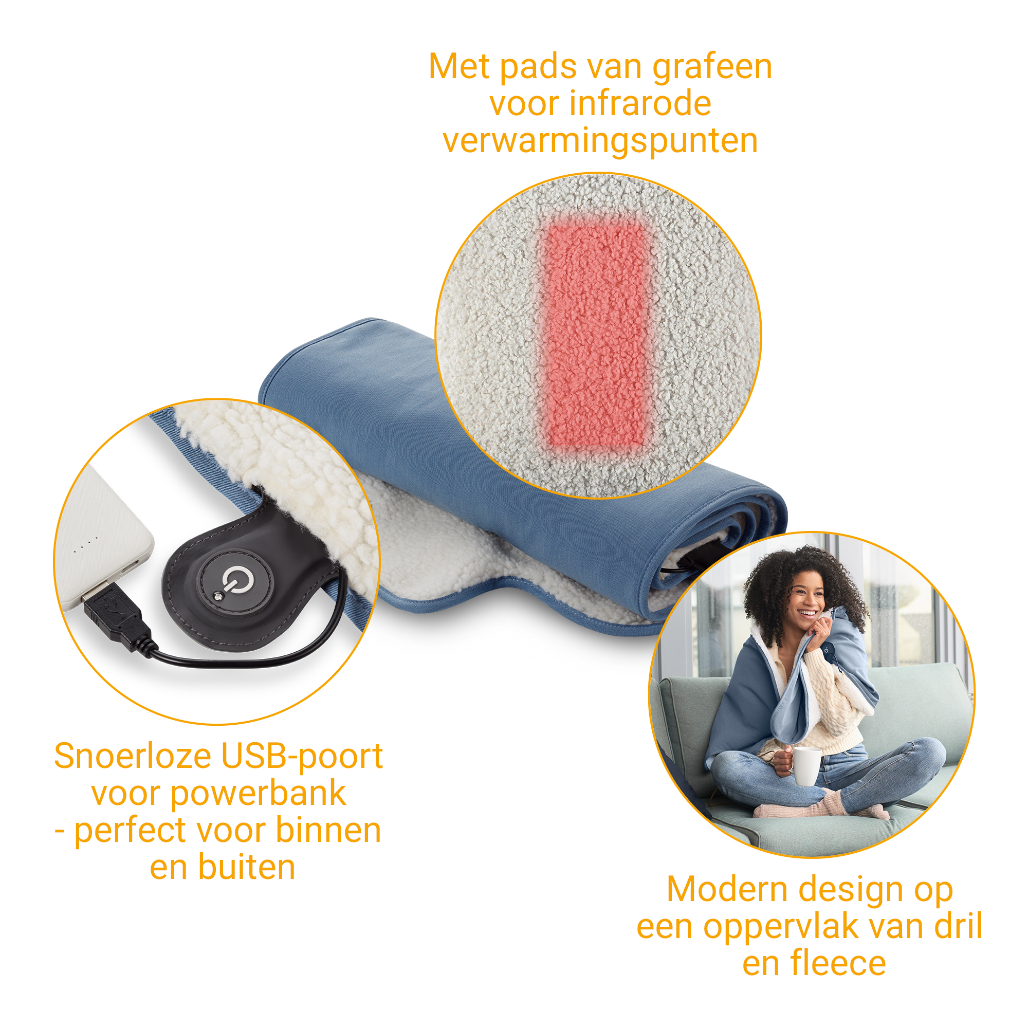 Heated blanket with USB port, graphene heating pads, and modern design.