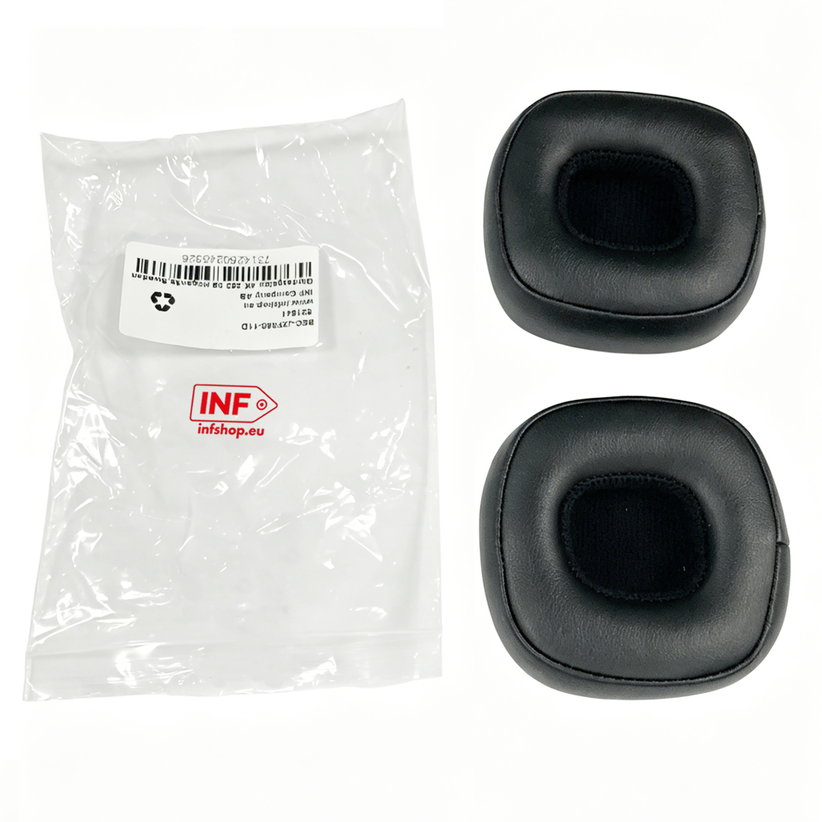 Zwei schwarze Ohrpolster und eine Verpackung mit INF-Logo.