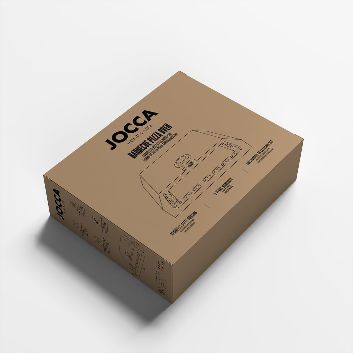 Karton für JOCCA Grill-Pizzaofen, mit Produktabbildung und Text.