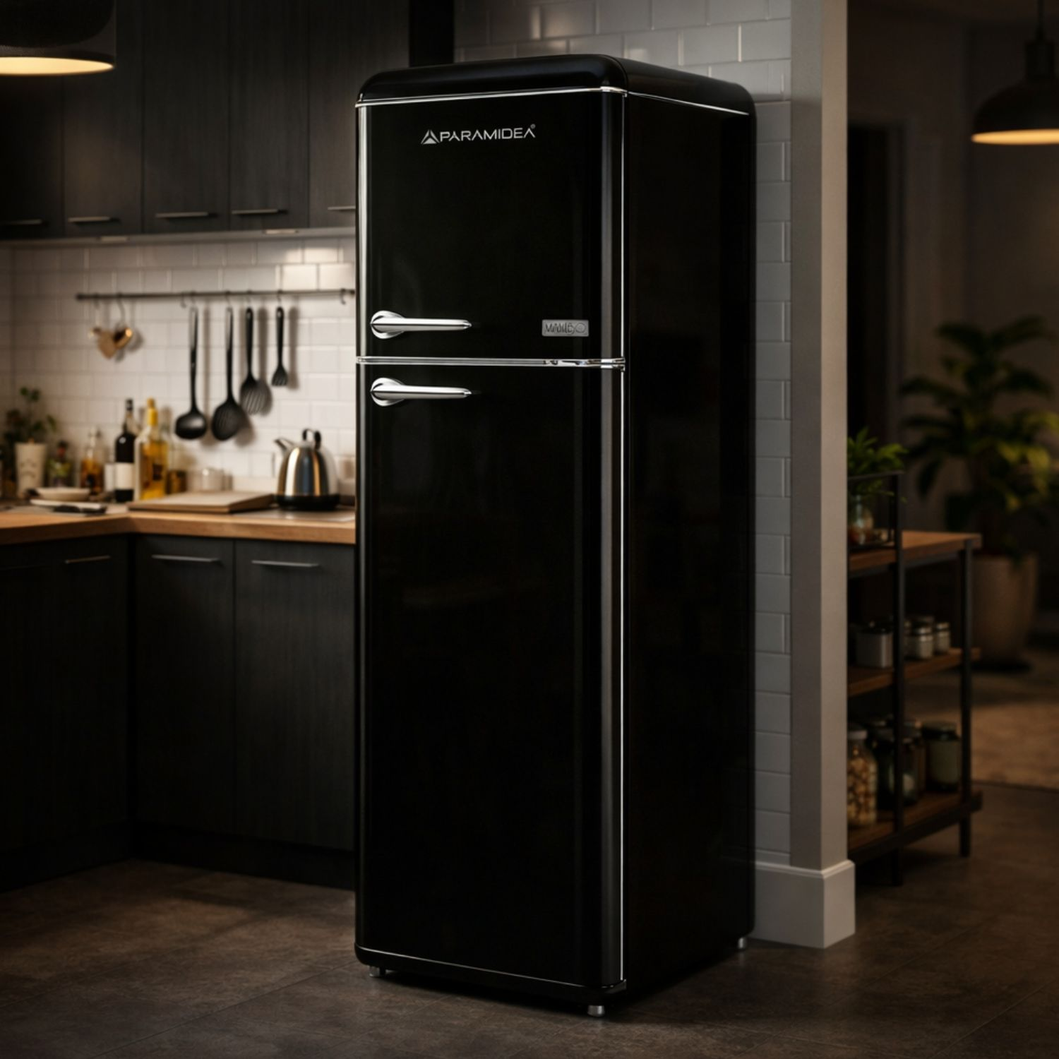 Un frigorifero nero retro si trova in una cucina con piano di lavoro in legno e utensili.