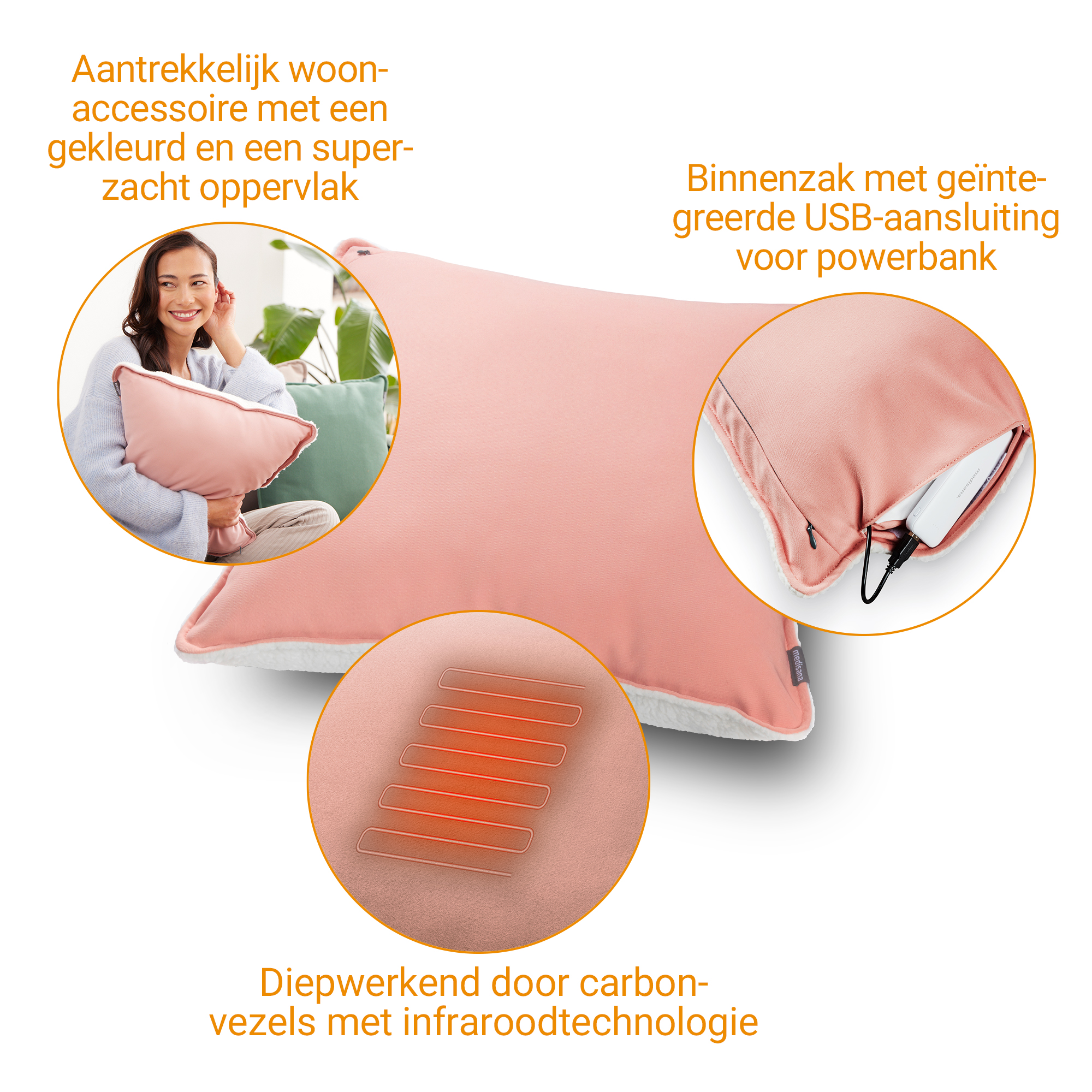 Aantrekkelijk, gekleurd kussen met zachte stof, USB-poort en infrarood.