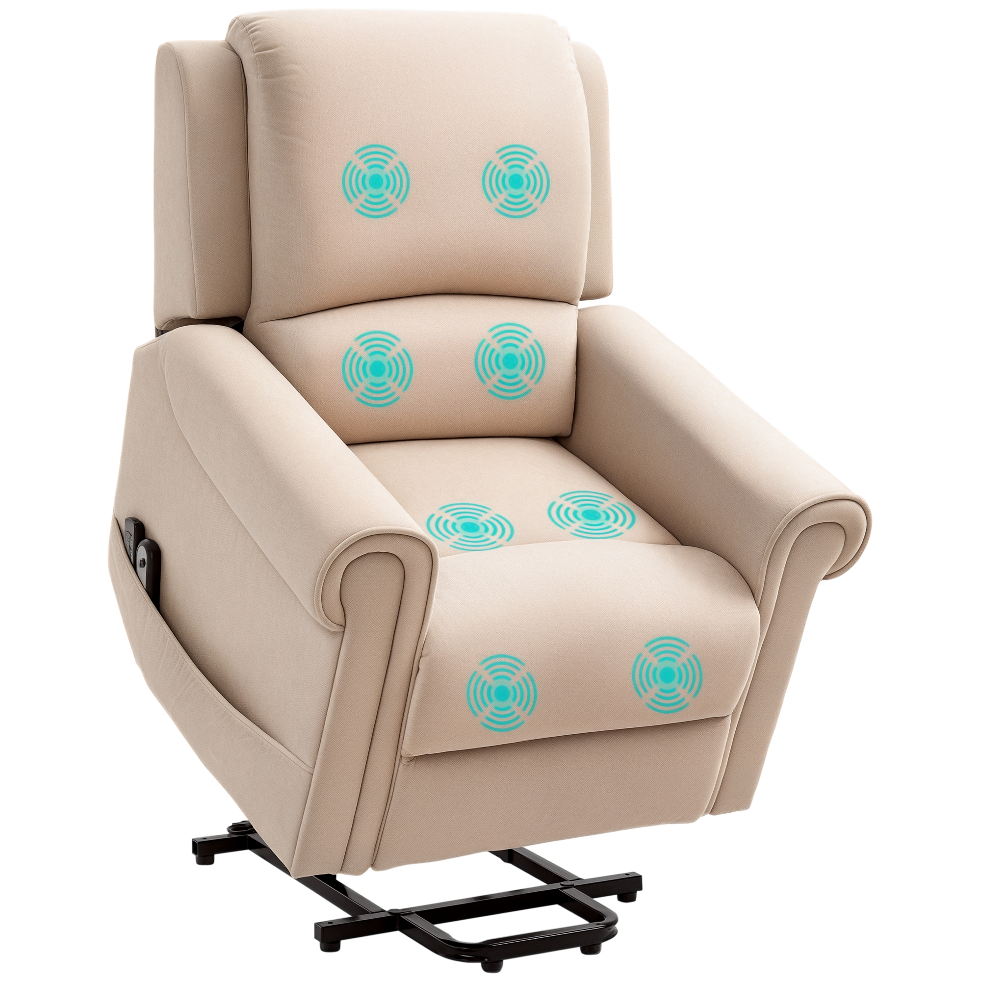 Una poltrona massaggiante beige con icone circolari verde acqua che indicano punti di massaggio.