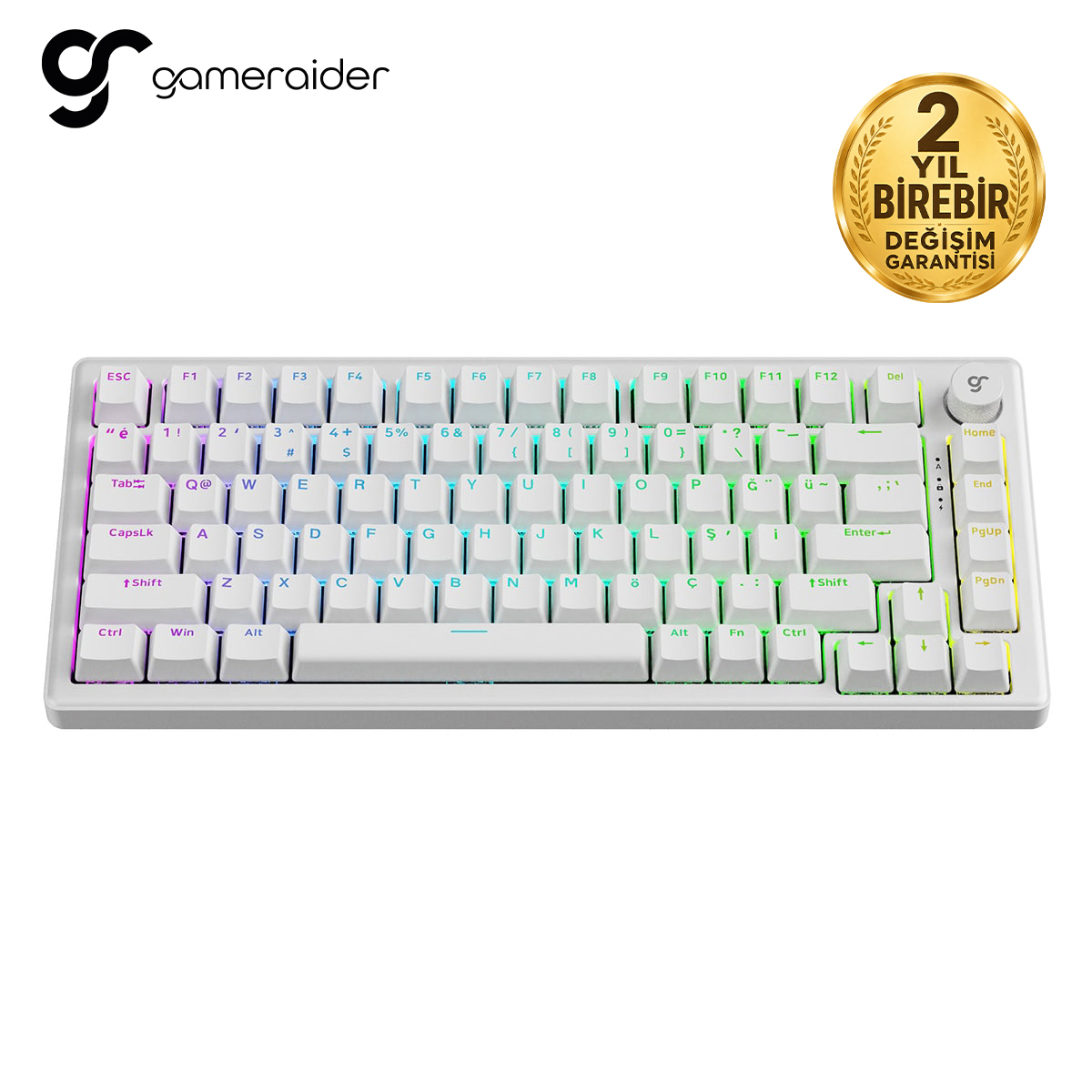 RGB aydınlatmalı, Türkçe garanti logolu beyaz klavye.
