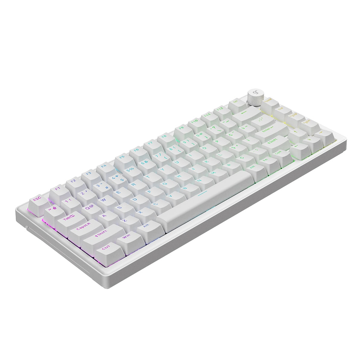 Kuşbakışı görünen, RGB aydınlatmalı beyaz bir klavye.