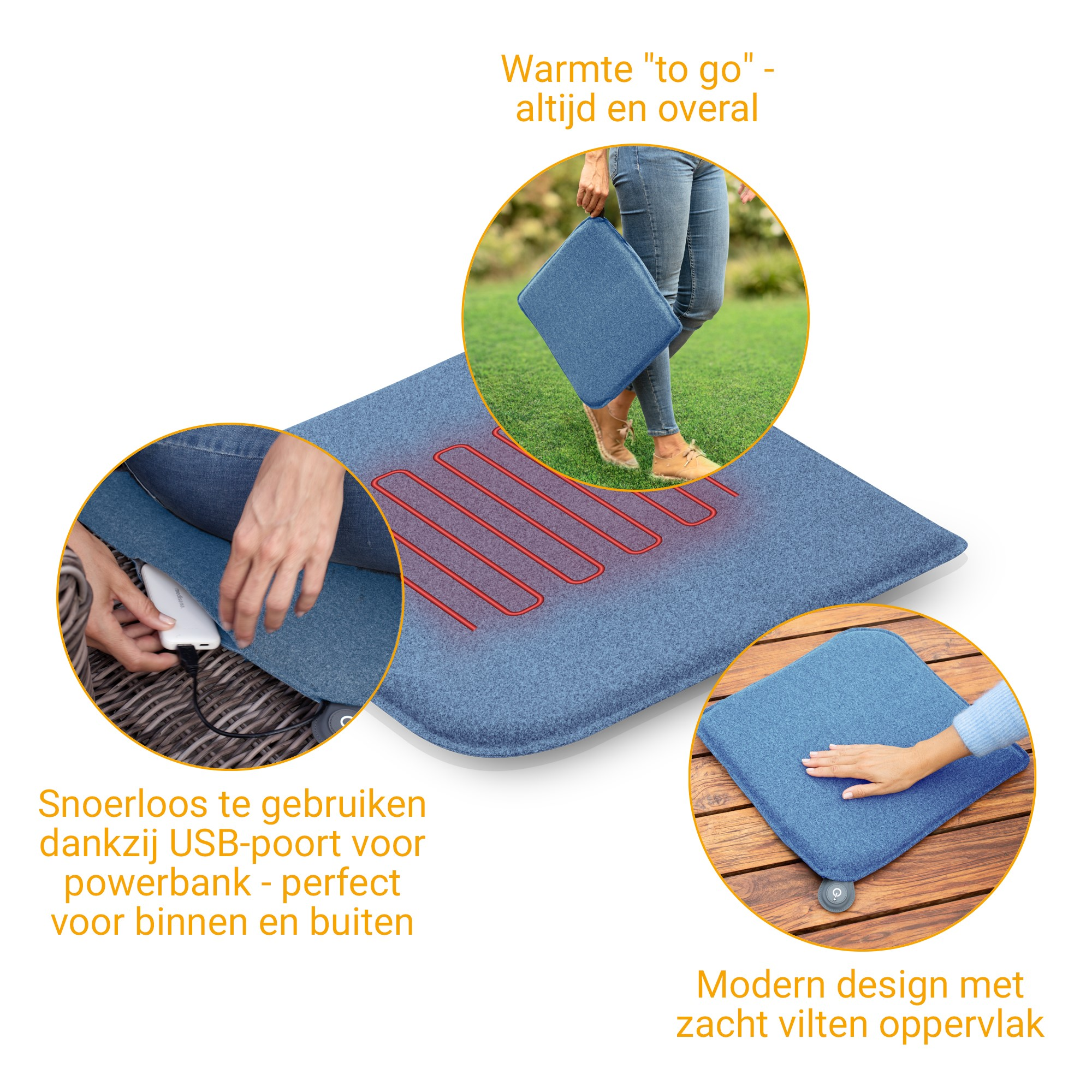 Blauw verwarmd kussen met rode verwarmingselementen, USB-poort en hand.