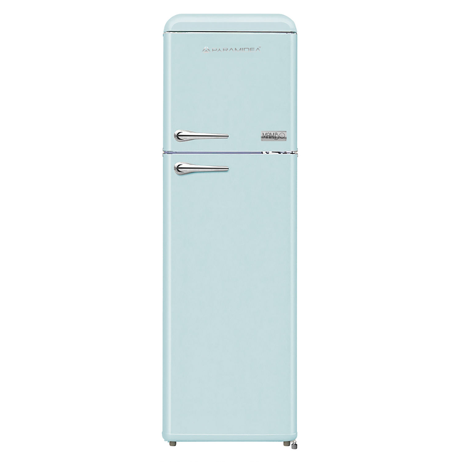 Un frigorifero azzurro a due porte con maniglie cromate.