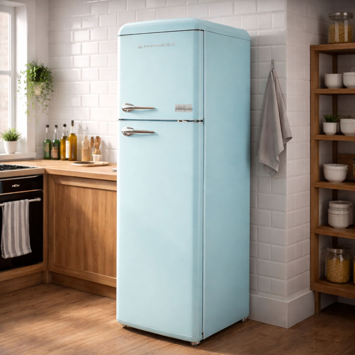 Un frigorifero retrò azzurro si trova in una cucina con piano di lavoro in legno e piastrelle bianche.