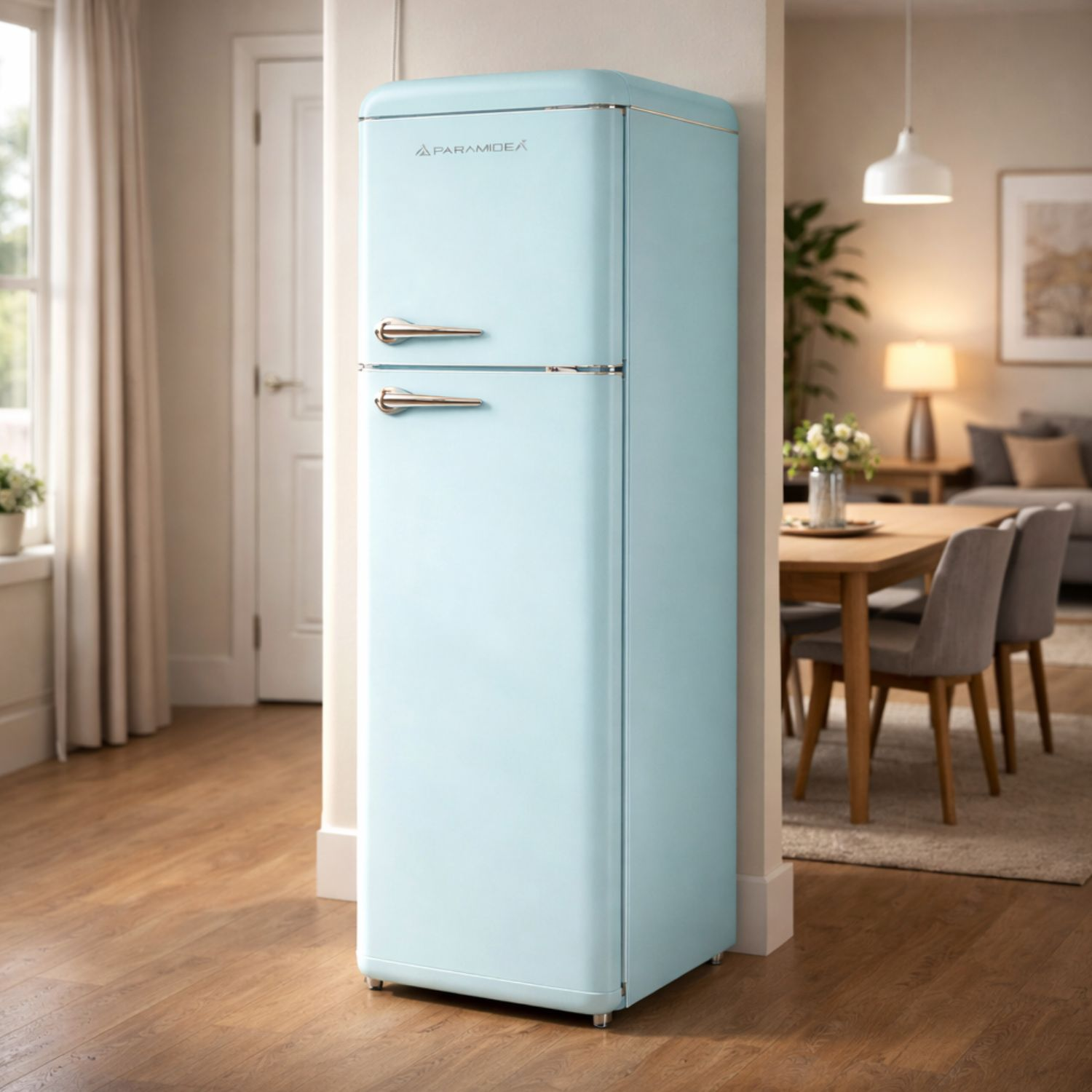 Un frigorifero azzurro stile retrò si trova in una stanza.