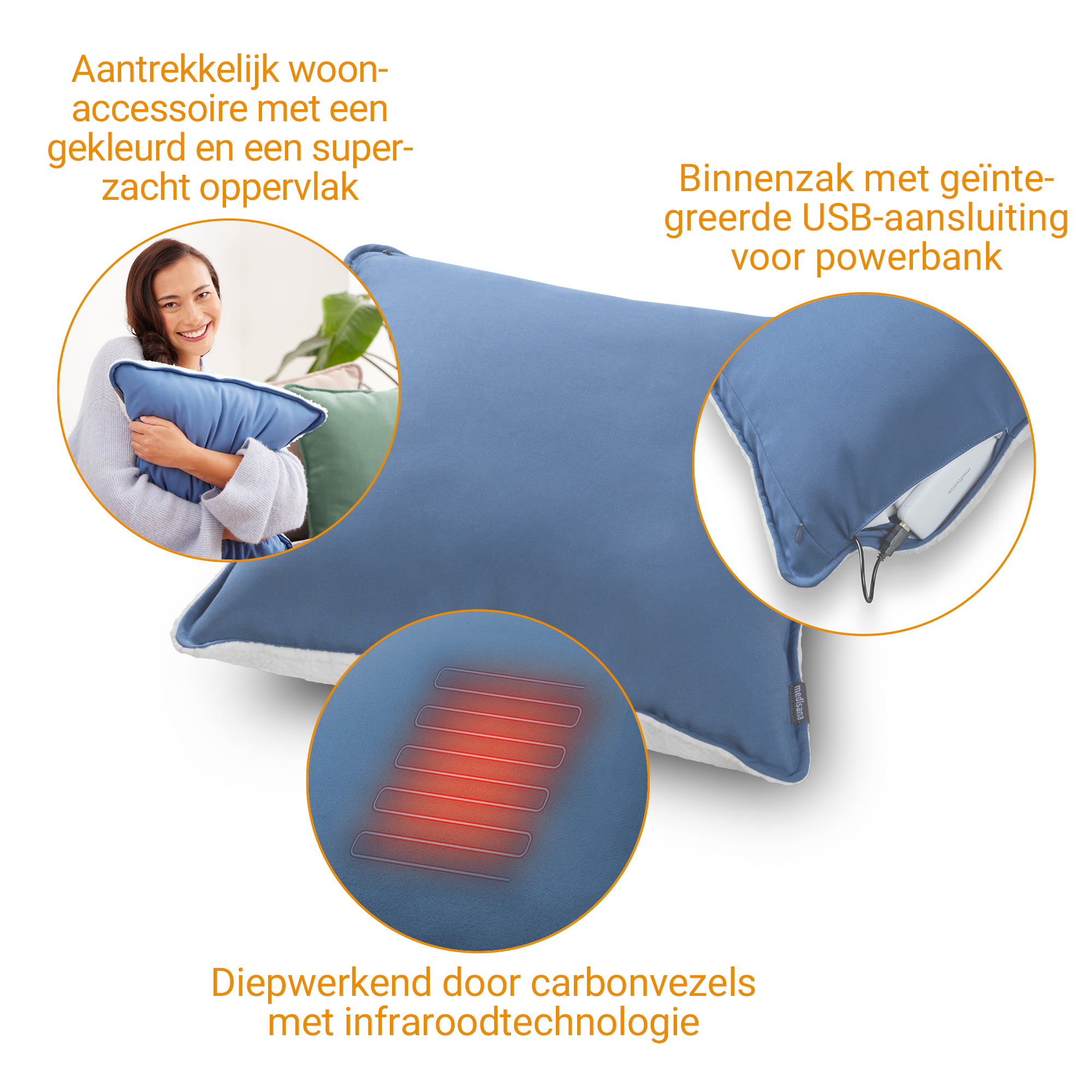 Blauw kussen met sherpa voering, ingebouwde USB-poort en infraroodtechnologie.