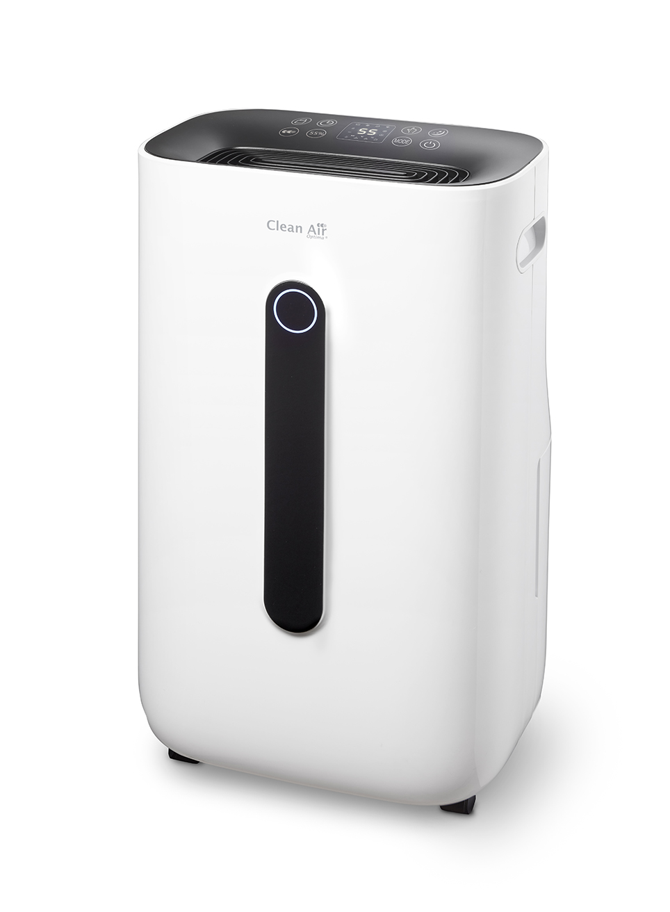 White dehumidifier with a black top and digital display.