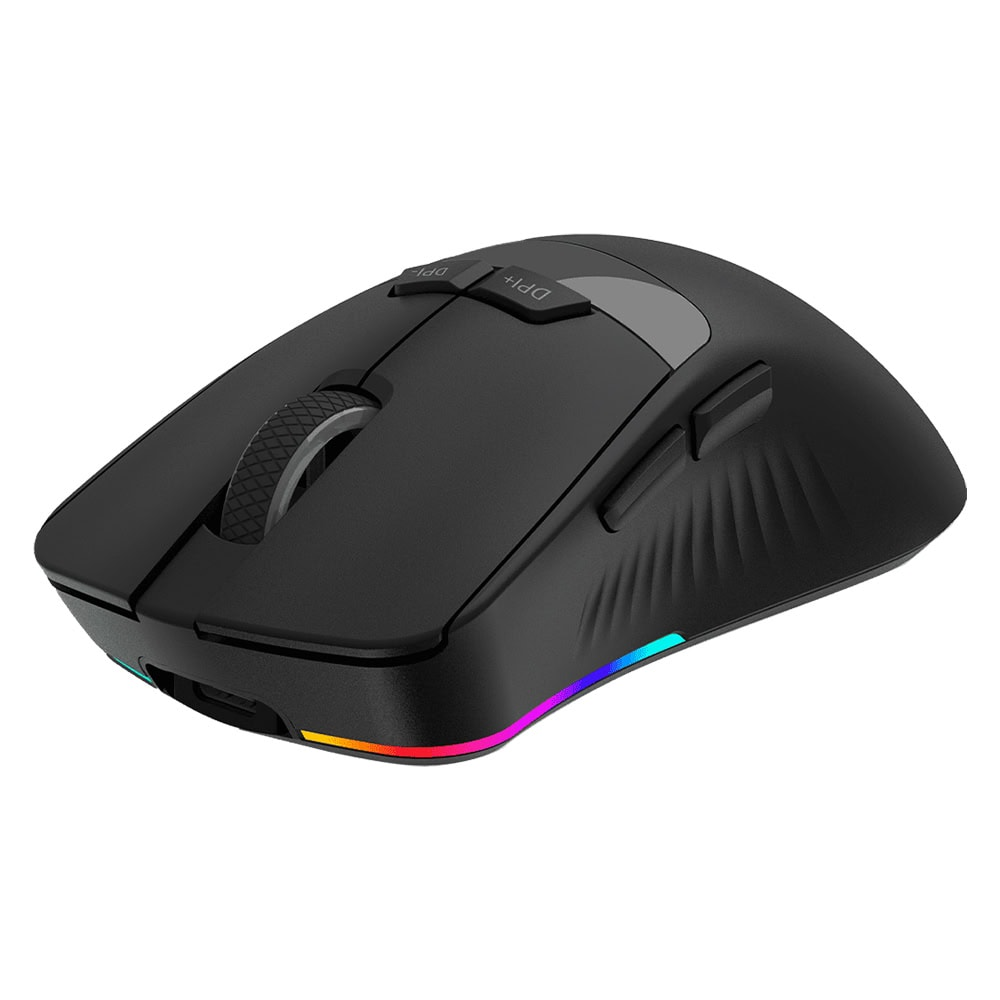 Kaydırma tekerleği, DPI düğmeleri ve renkli RGB aydınlatmalı siyah oyuncu faresi.