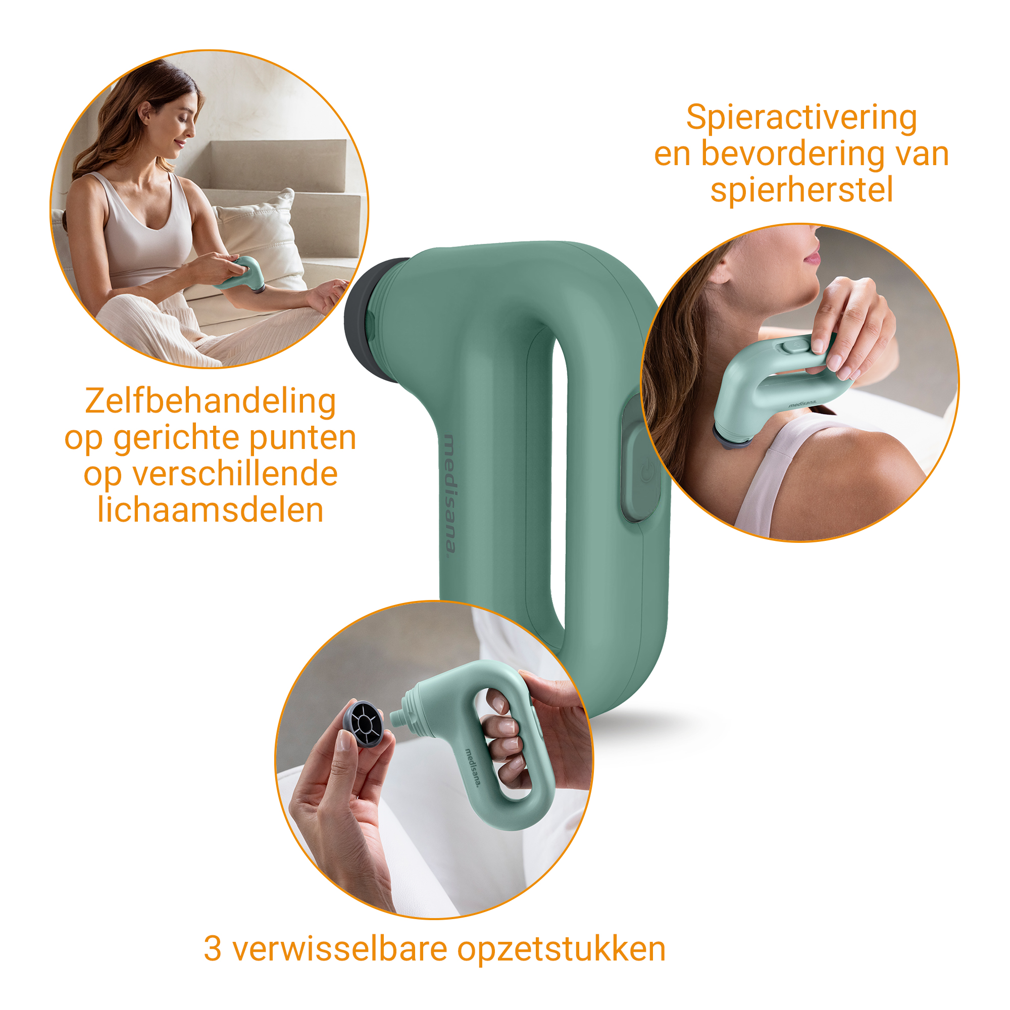 Dispositif de massage vert avec trois accessoires pour le corps et le cou.