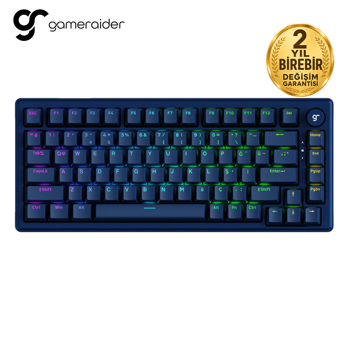 RGB aydınlatmalı ve Türkçe karakterli koyu mavi oyuncu klavyesi.