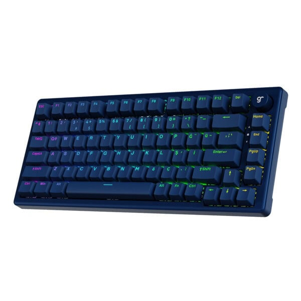 RGB arkadan aydınlatmalı lacivert mekanik klavye. Tuşlar beyaz yazılı koyu mavidir.