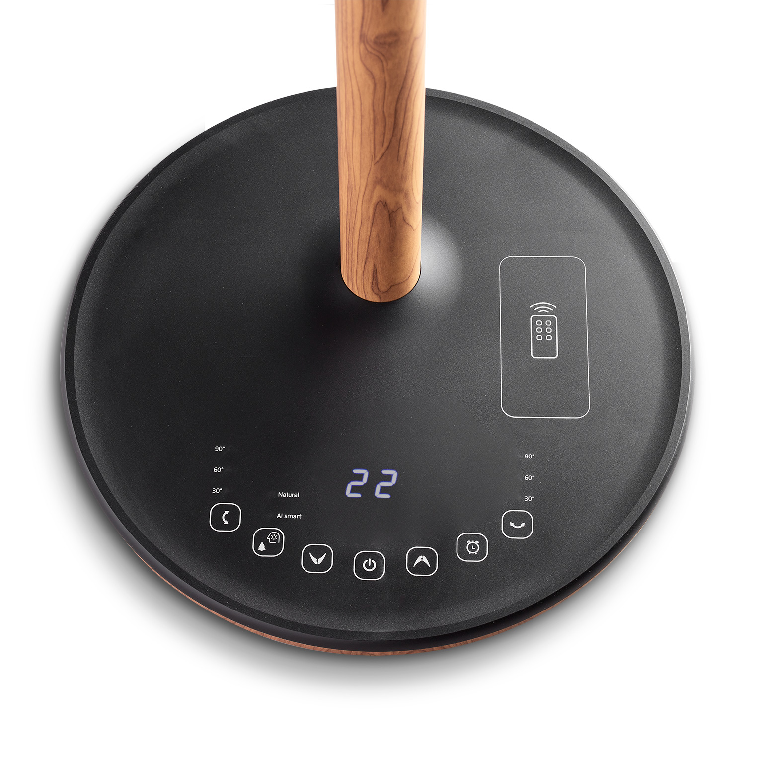 Zwarte ventilatorvoet met houten accenten, display en bedieningsknoppen.