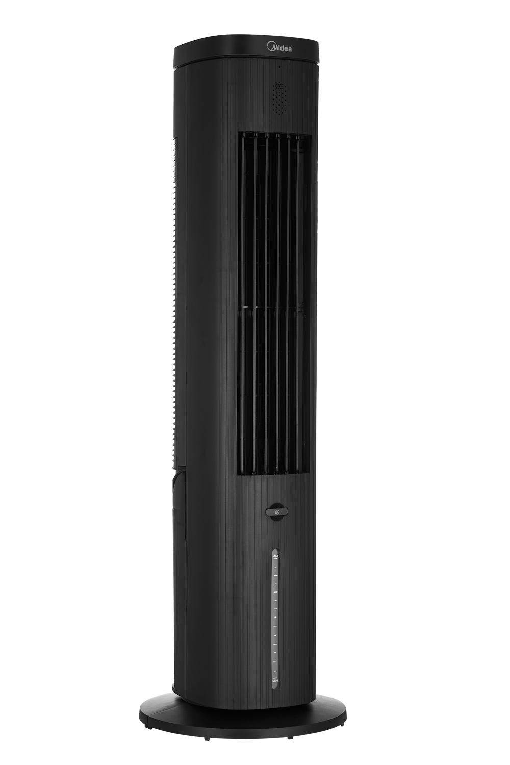 Ein schlanker, schwarzer Turmventilator mit Midea-Logo und Wasserstandsanzeige.