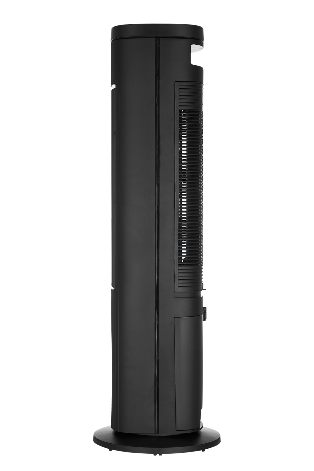 Ein schwarzer Turmventilator mit Lüftungsschlitzen und Basis.