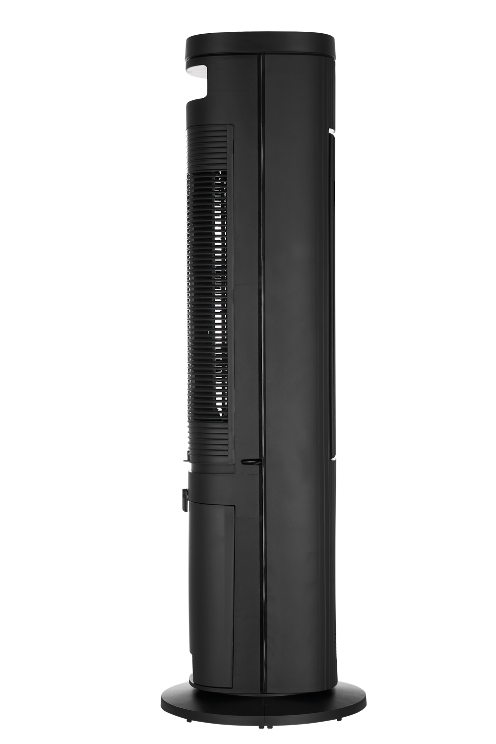 Ein schwarzer Turmventilator mit Lüftungsschlitzen und einer Tür.