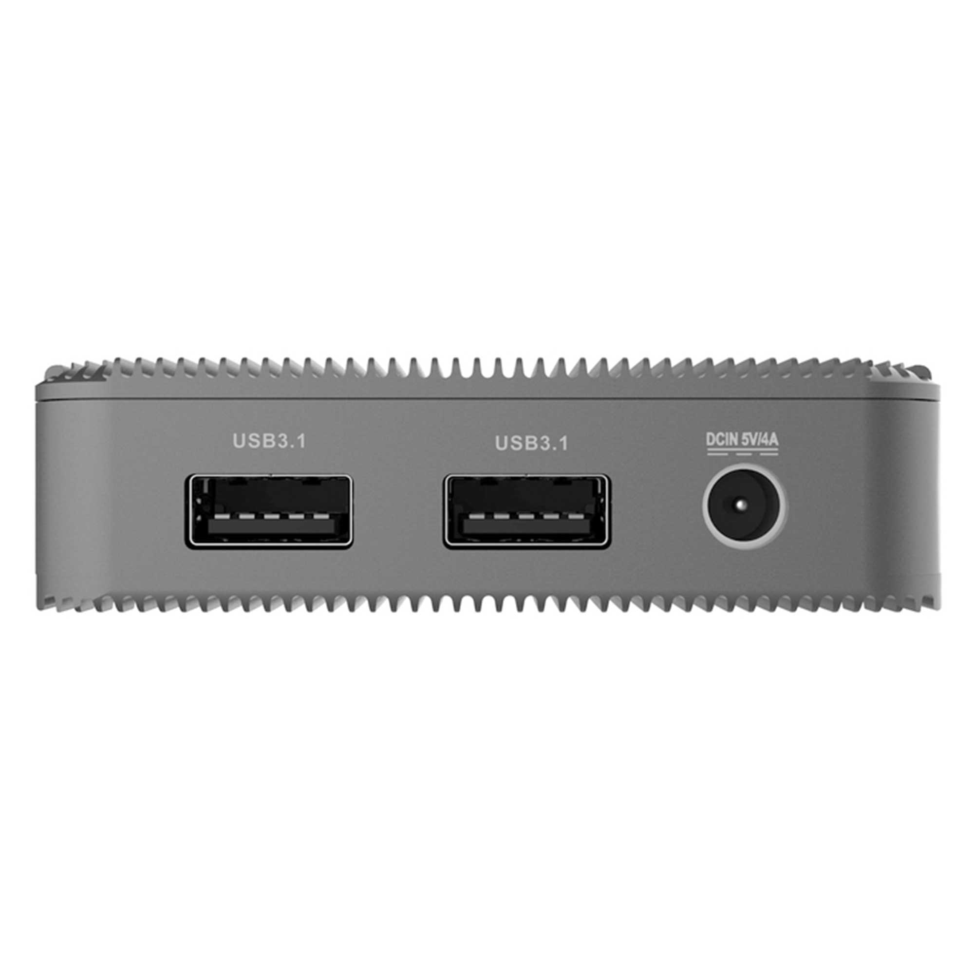 Graues Gehäuse mit zwei USB 3.1 Anschlüssen und einem DC-Eingang.