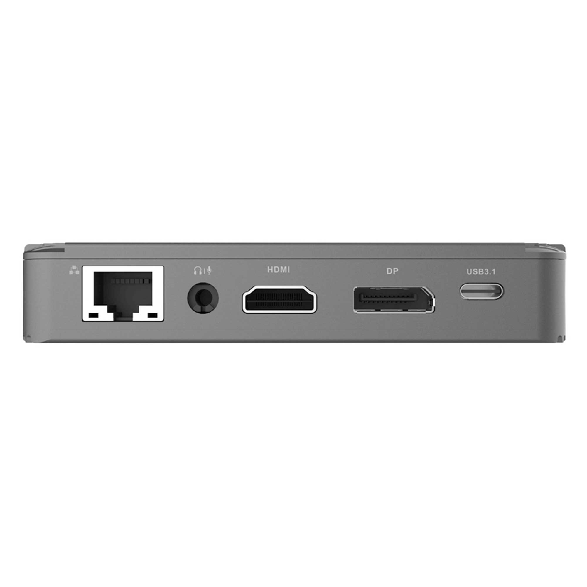 Graues Gehäuse mit Anschlüssen: Ethernet, Audio, HDMI, DP, USB3.1.