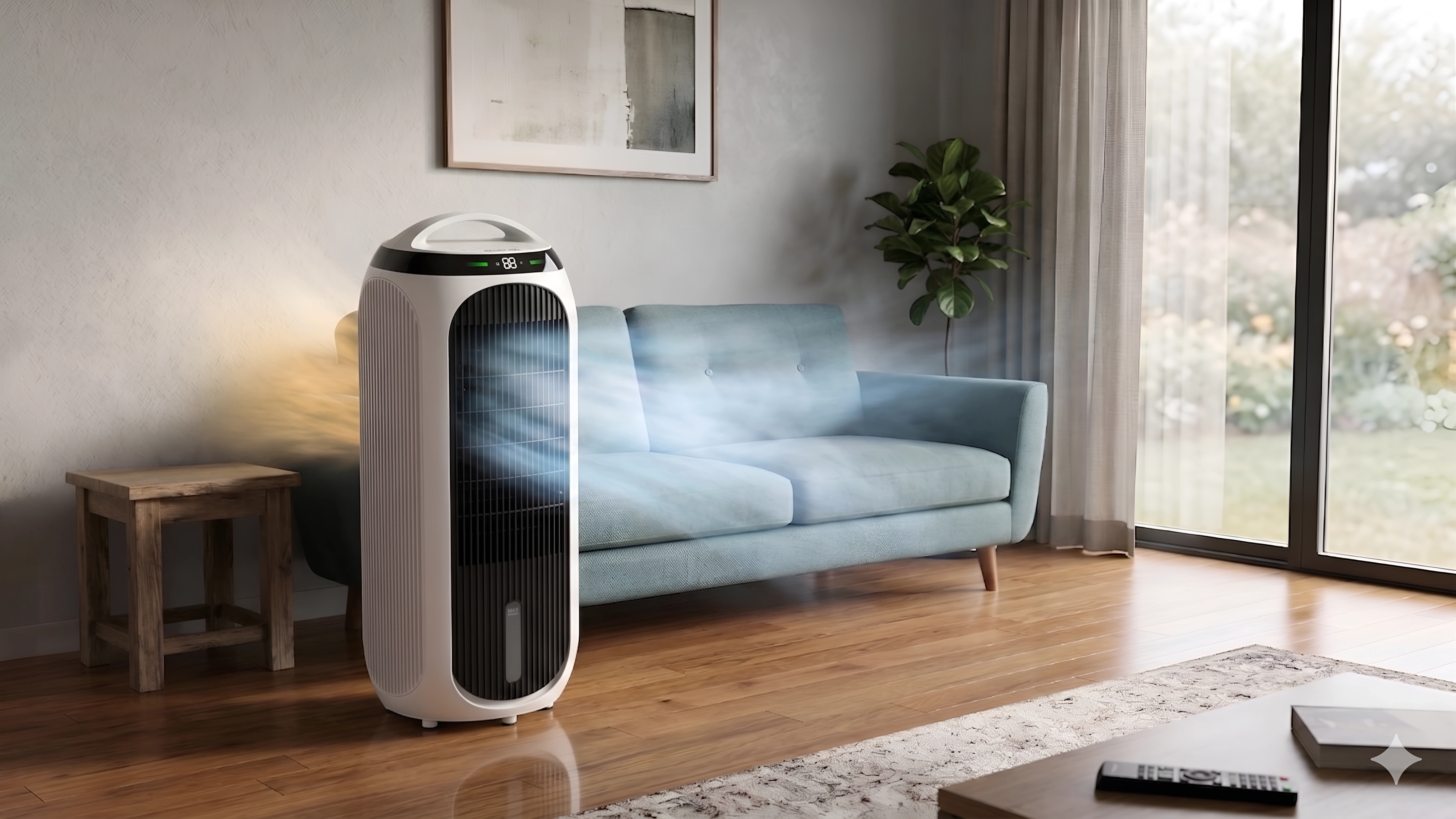 Refroidisseur d'air avec brume bleue devant un canapé bleu clair dans un salon.