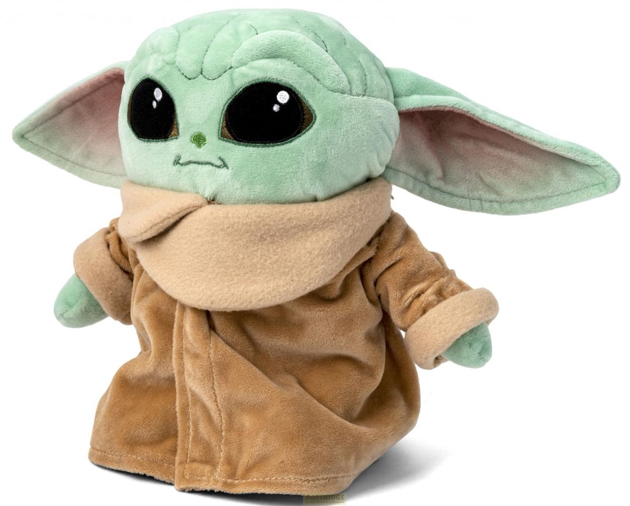 Eine grüne Plüschfigur von Grogu aus Star Wars, trägt eine braune Robe und einen hellbraunen Schal.