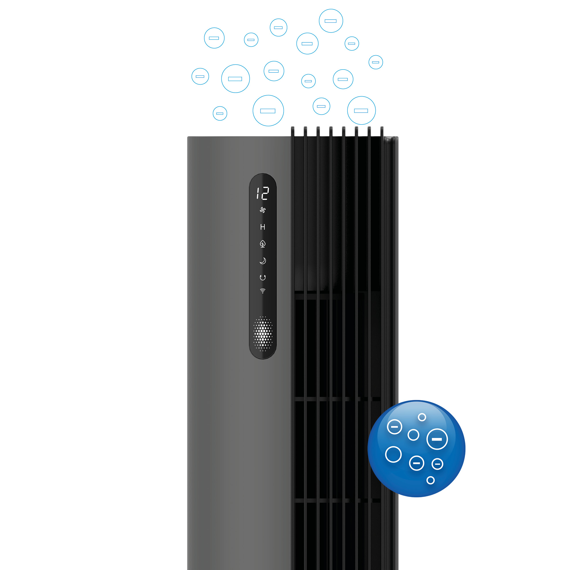 A sleek grey tower fan with a digital display and blue symbols.