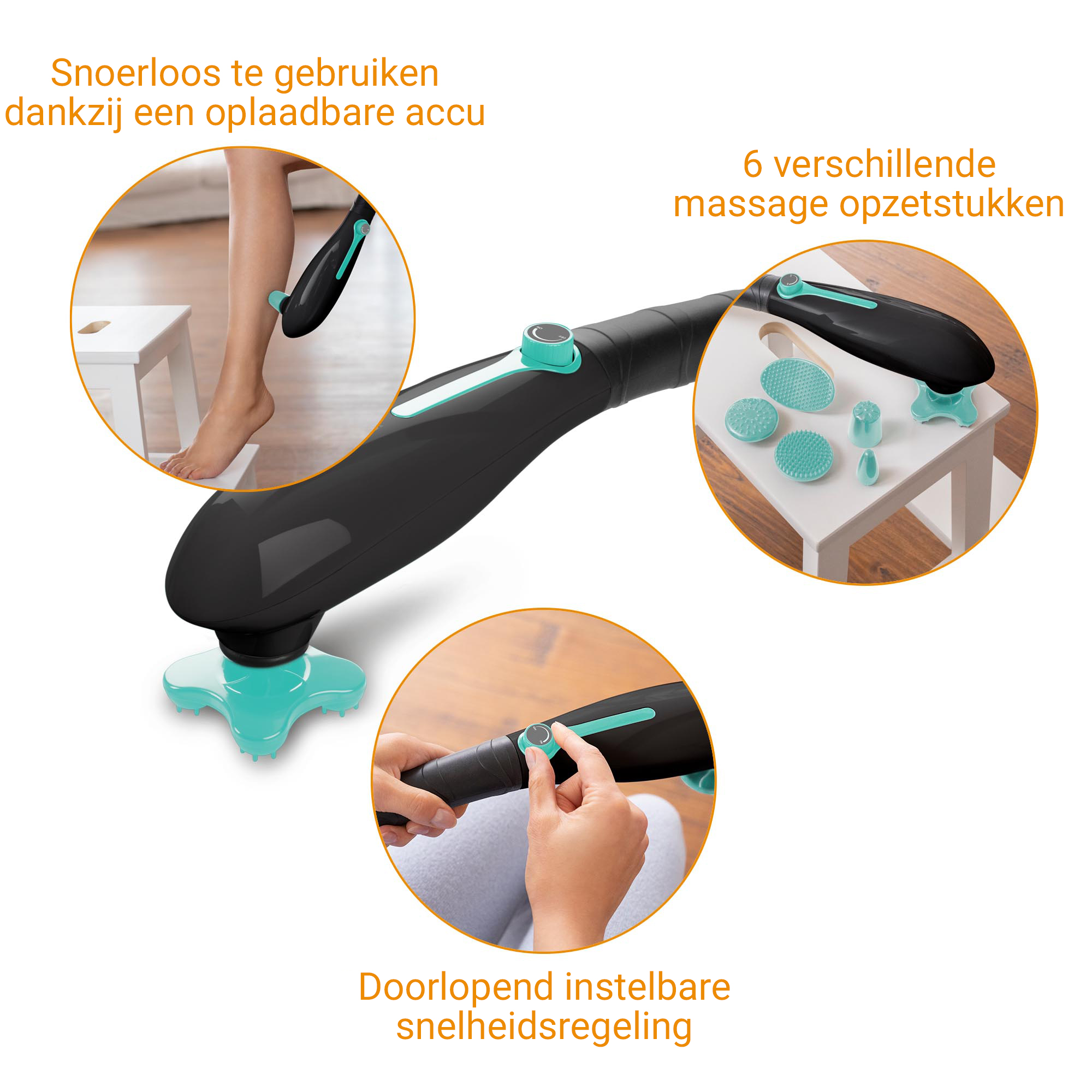 Schwarzes Massagegerät mit Aufsätzen, lädt über Kabel, Geschwindigkeit regelbar.