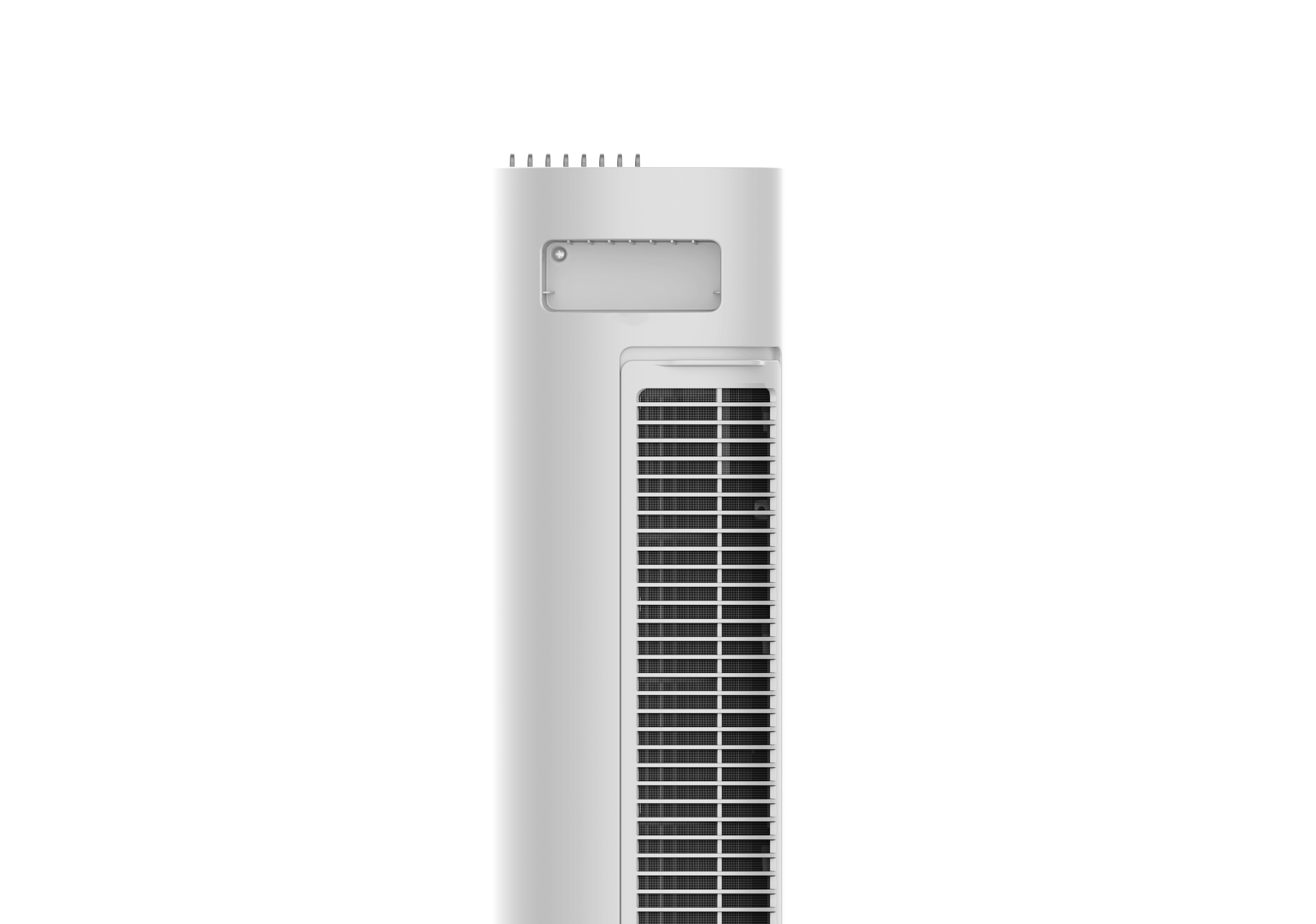 Een witte torenventilator met ventilatieopeningen en bedieningselementen.