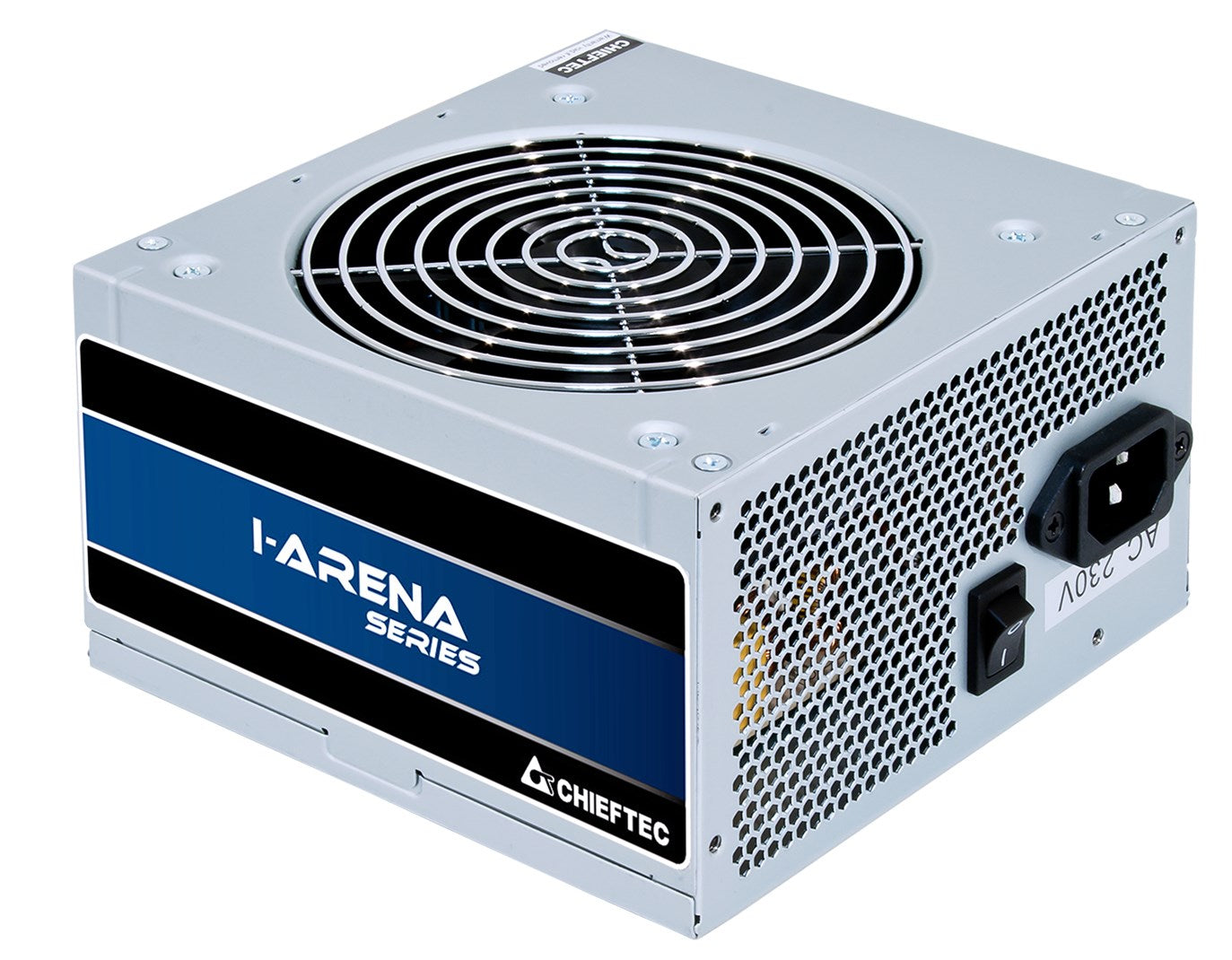 Un alimentatore argentato per computer con griglia della ventola in alto.