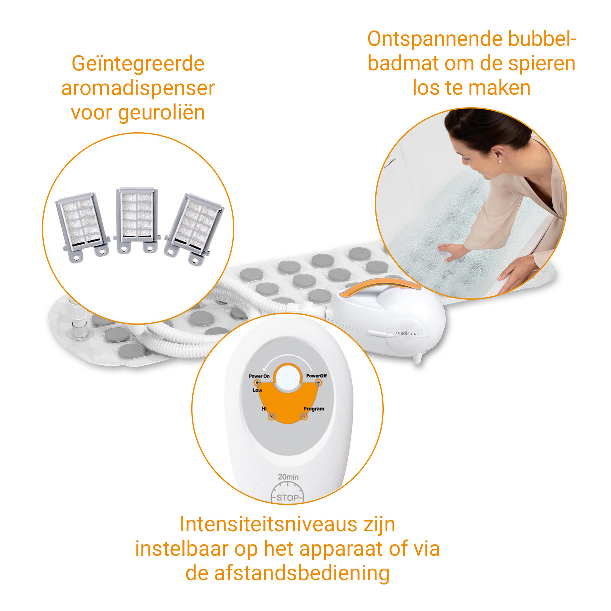 Entspannende Badematte mit integriertem Aroma-Diffusor und Fernbedienung.