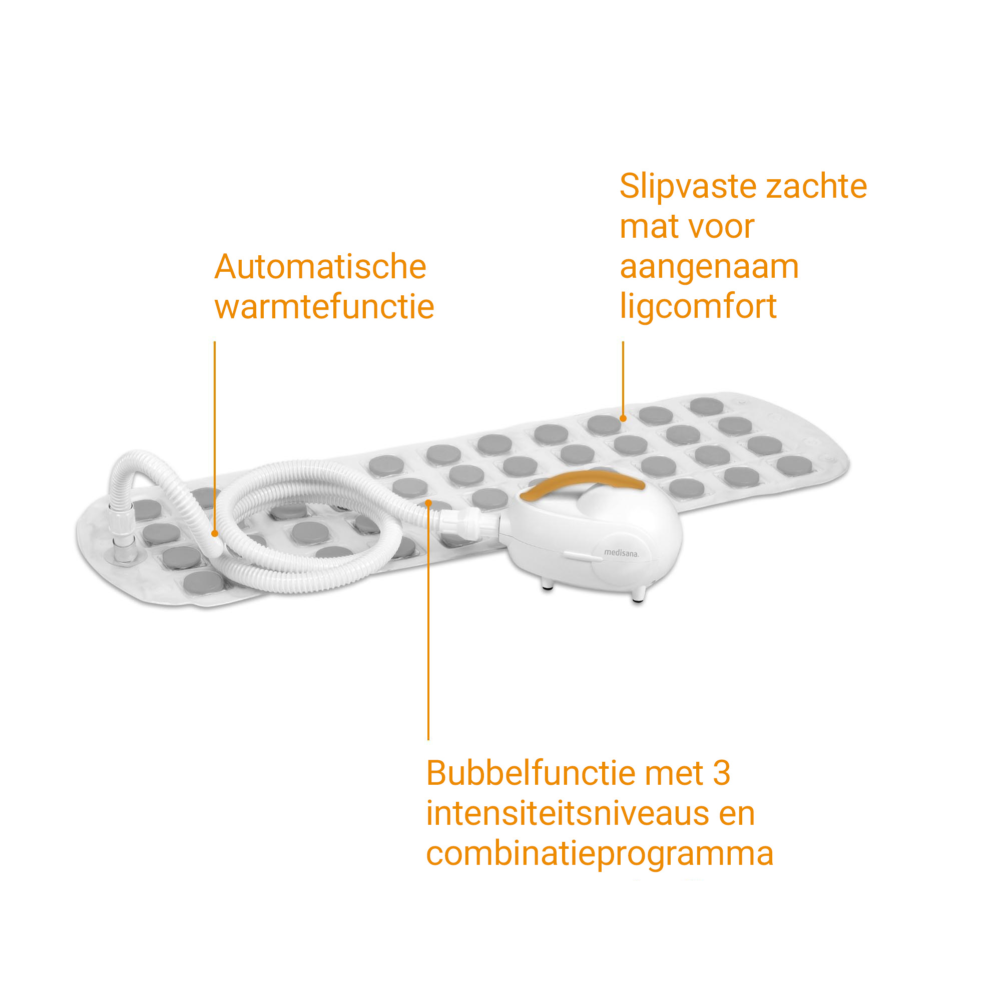 Weißes Aufblasmatratze mit Luftschlauch und Pumpe. Mit Funktionen.