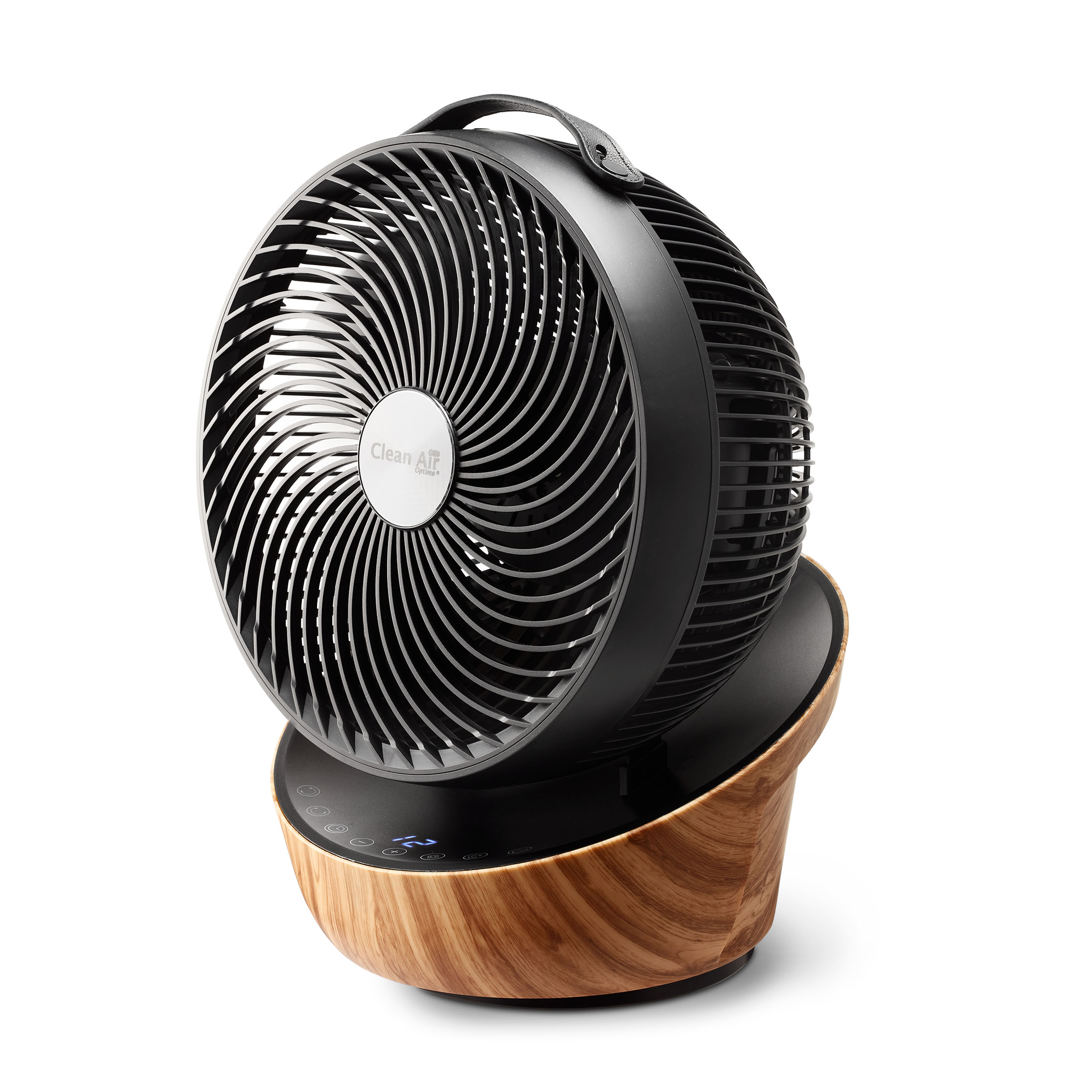 A black fan with a wood base and LED display sits on a white background.