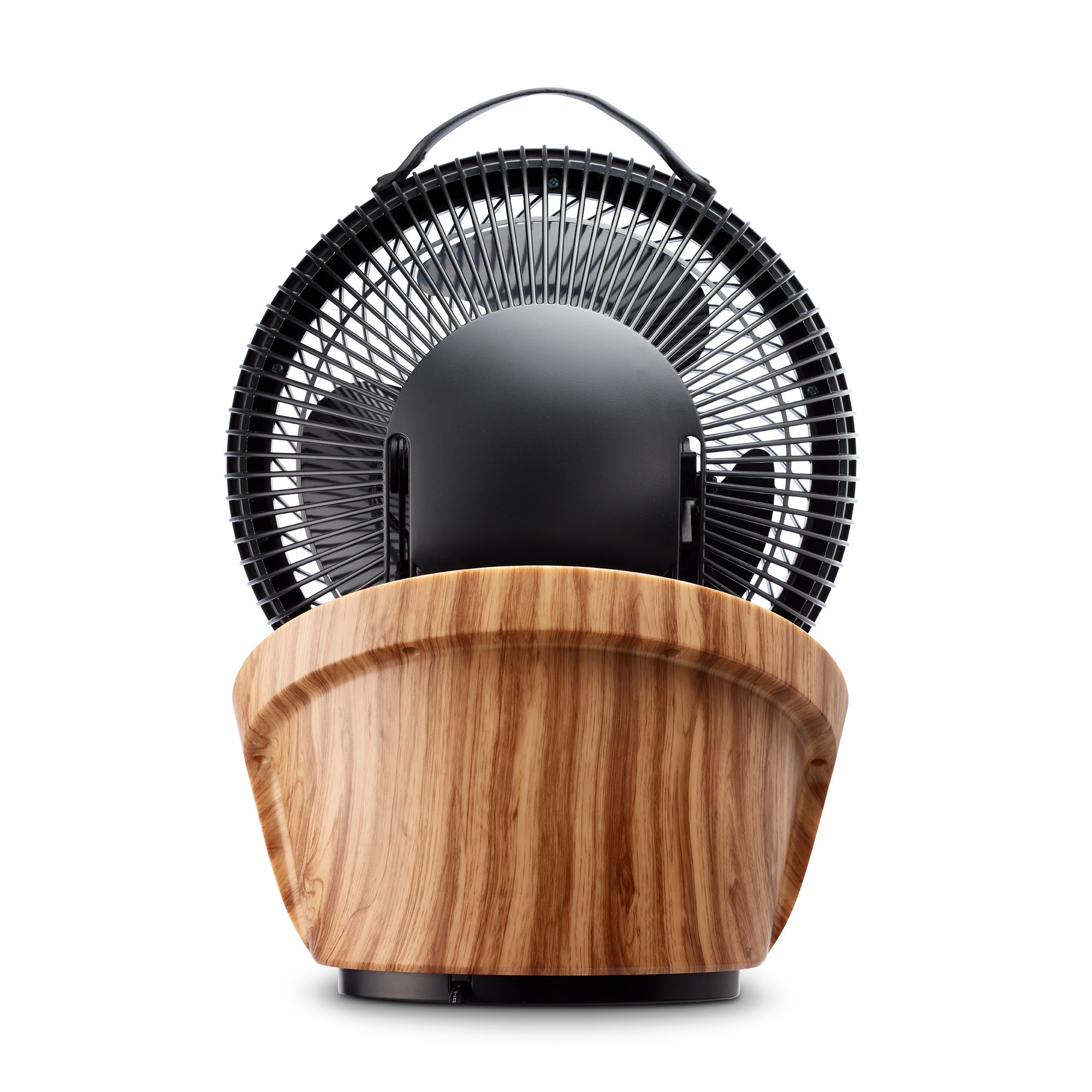 A black fan with a wood-grain base is shown against a white background.