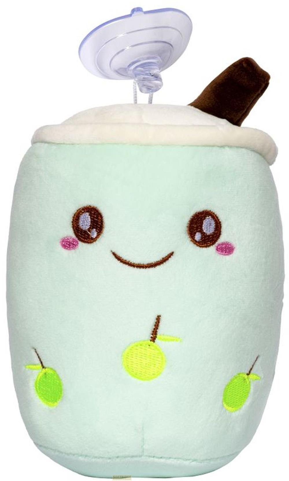 Eine hellgrüne Plüsch-Getränke-Tasse mit einem lächelnden Gesicht und Früchten.