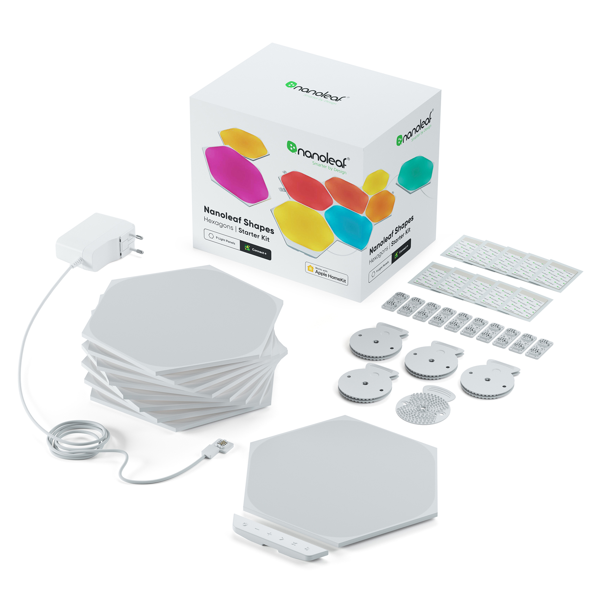 Nanoleaf Shapes Hexagons başlangıç kiti adaptör, kablo, panel ve konektörlerle.