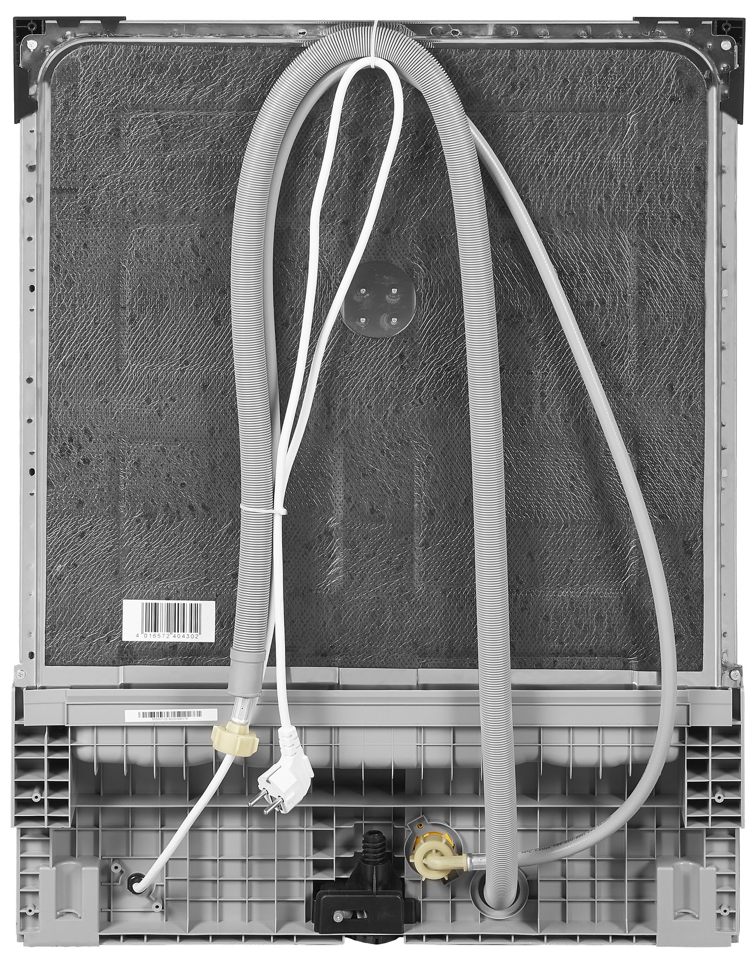 Parte trasera de un lavavajillas con mangueras y cables.