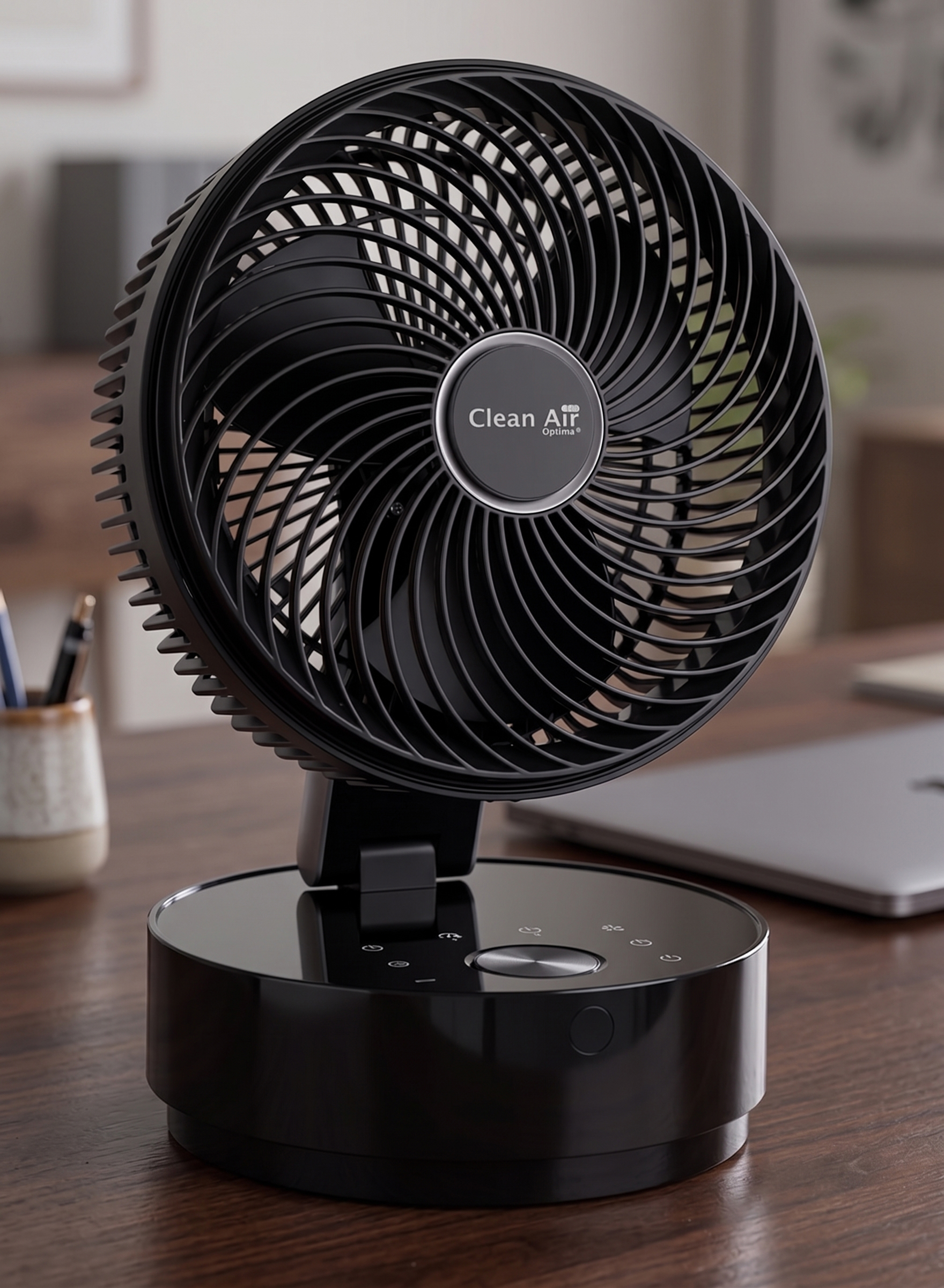 A black table fan with a "Clean Air Optima" logo on its base.