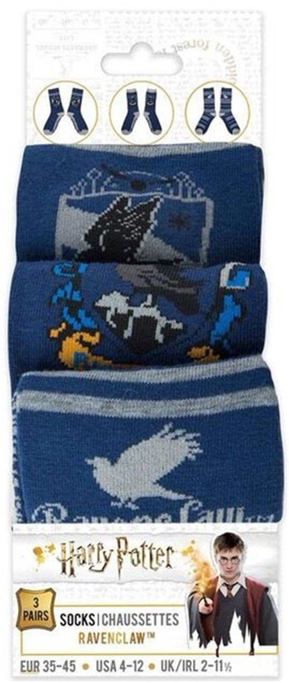 Tres pares de calcetines azules de Harry Potter Ravenclaw con emblemas. Talla 35-45.
