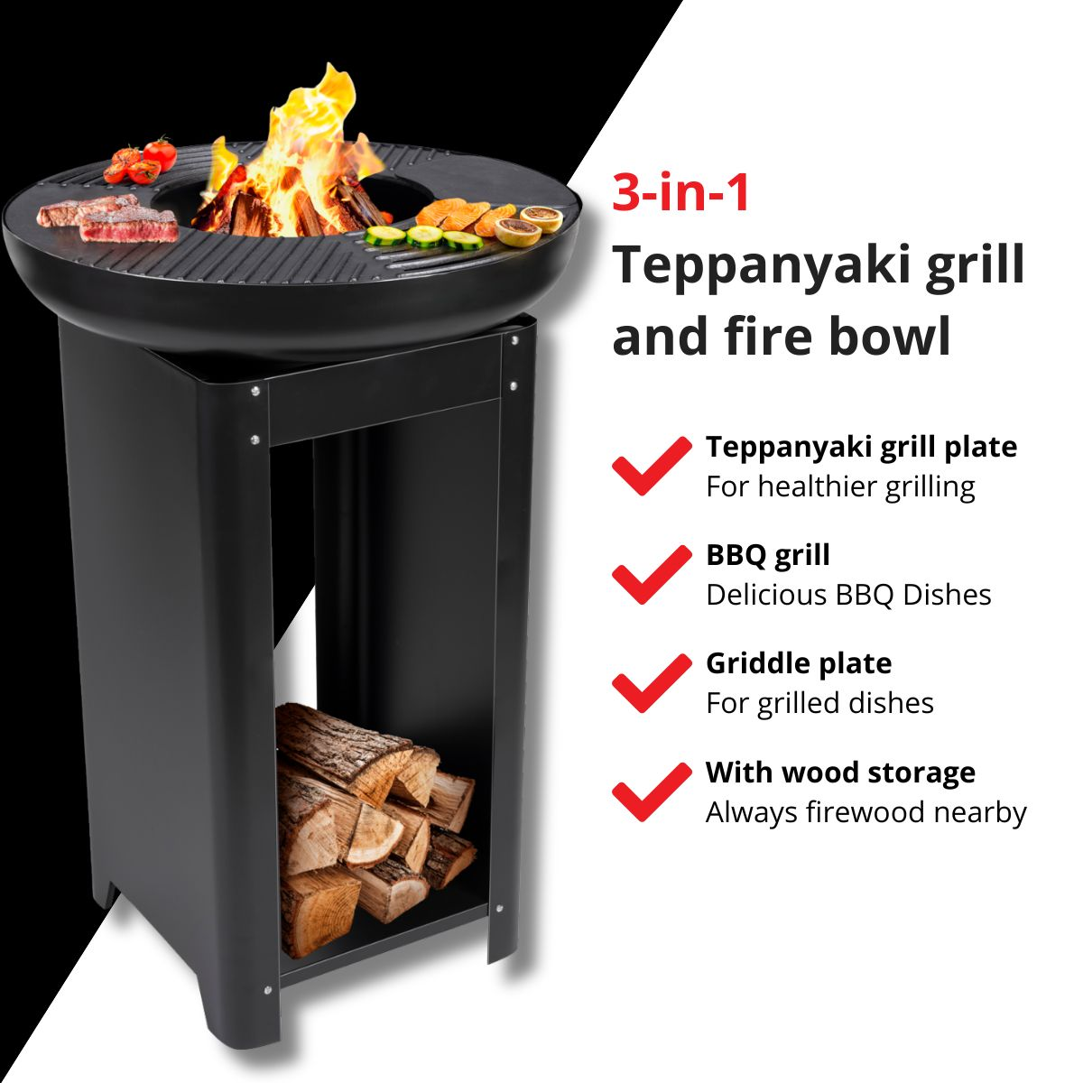 A 3-in-1 Teppanyaki grill and fire bowl with food cooking on top and wood stored below.