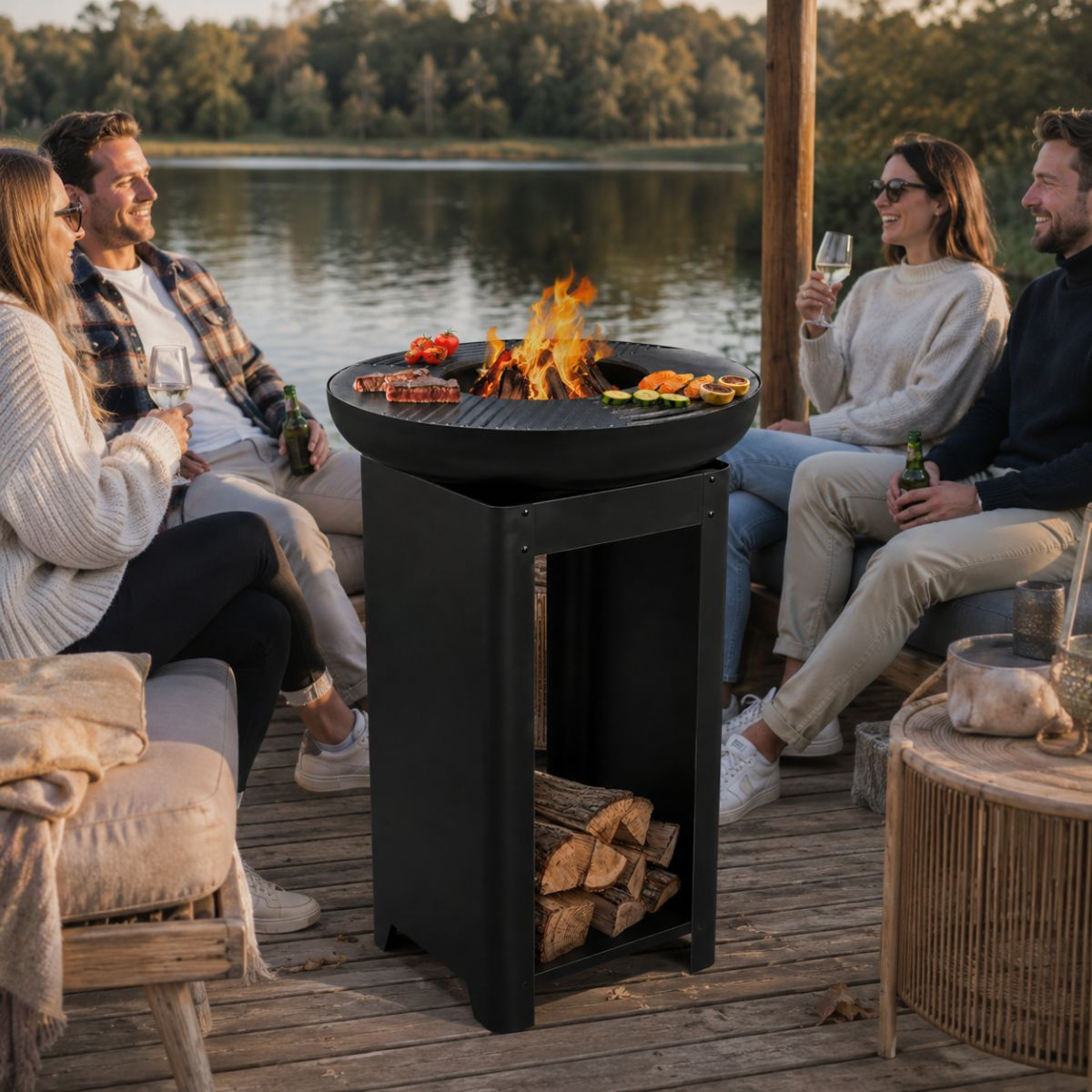 People grilling by a lake. A grill with fire and food is the focus.