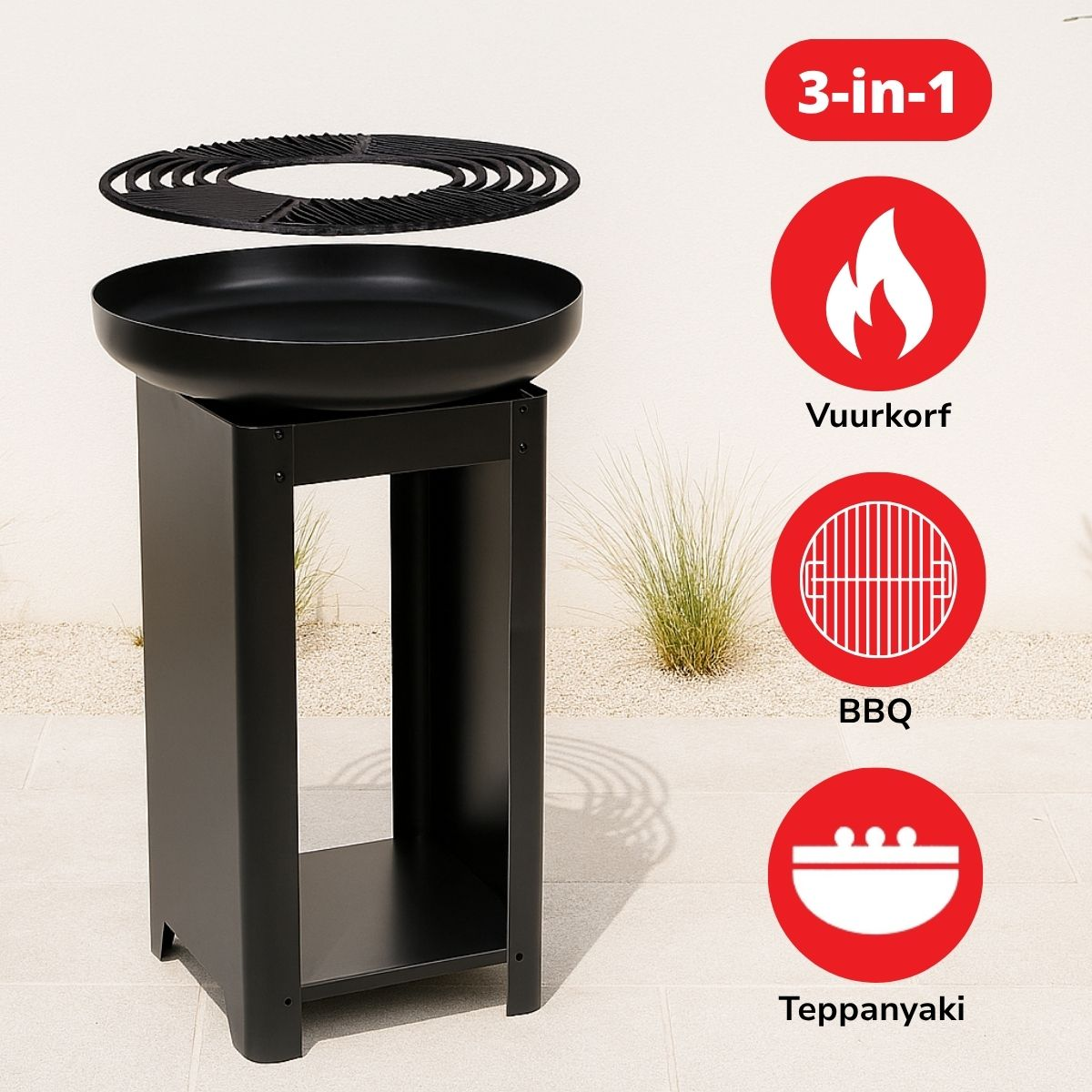 Black 3-in-1 grill with fire bowl, BBQ grate, and Teppanyaki plate.