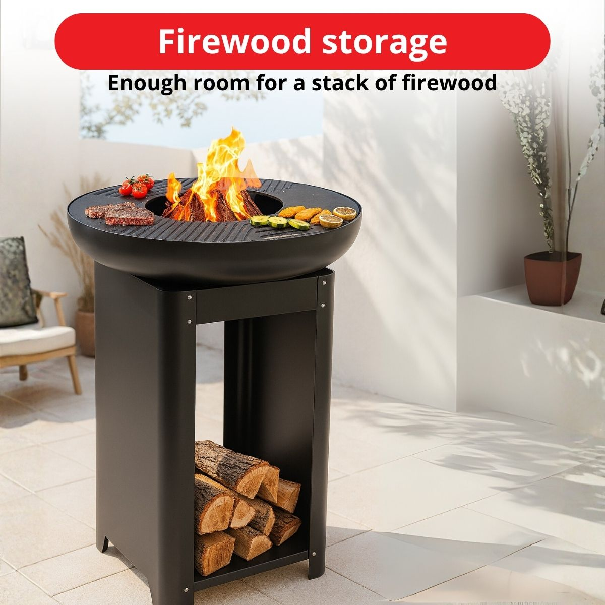 Black grill with fire inside and wood stored below.