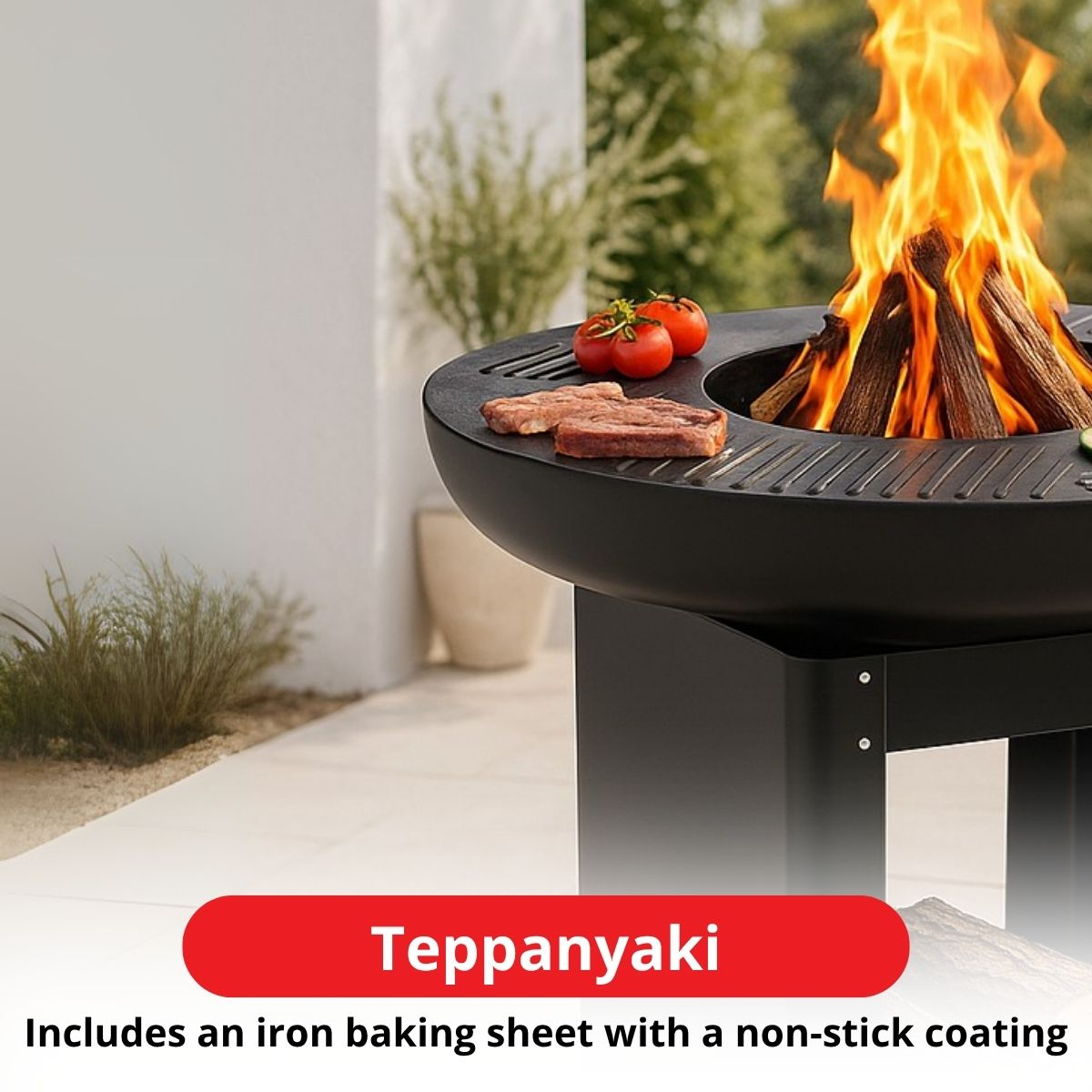 A black teppanyaki grill with steaks, tomatoes, and flames.