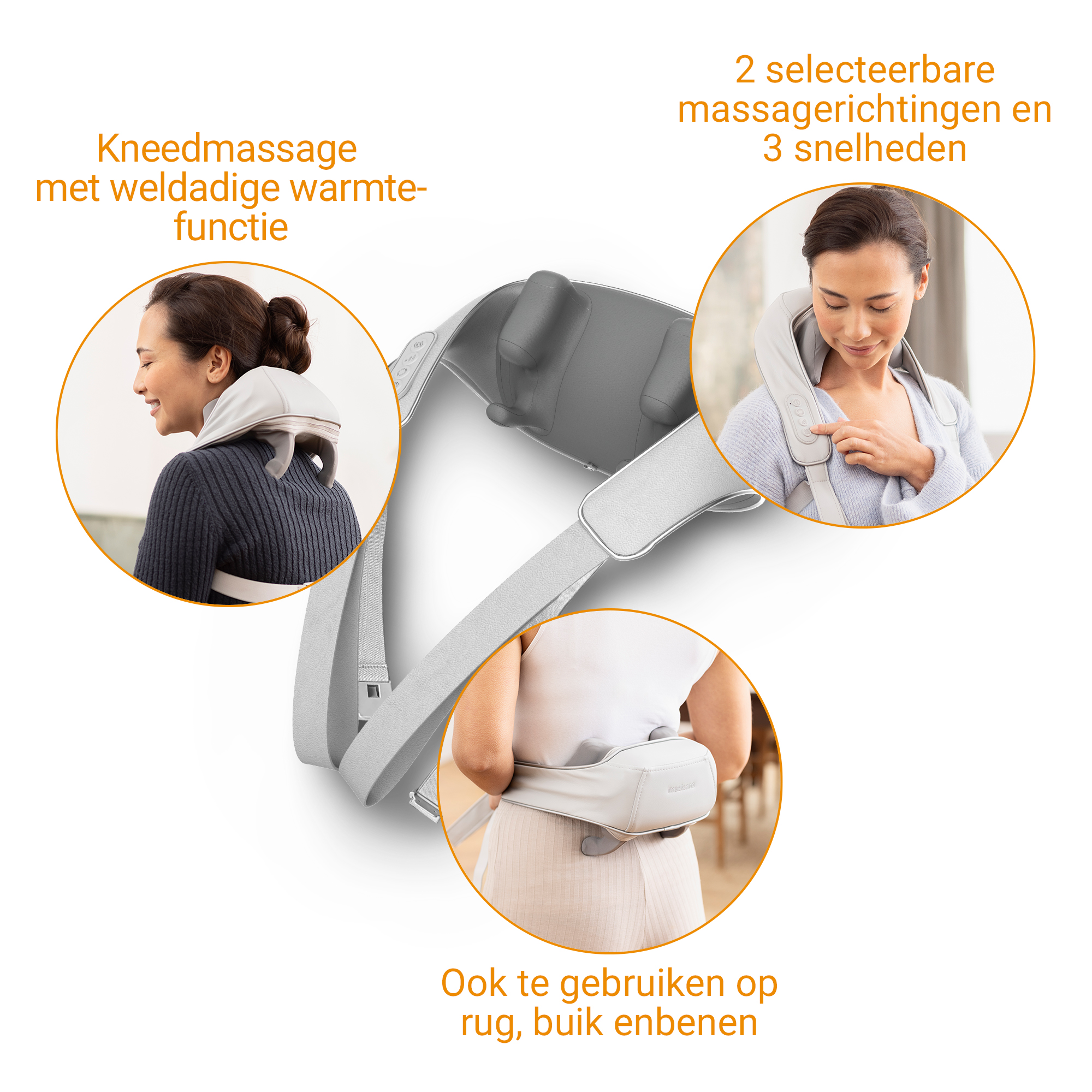 Dispositif de massage avec fonction chauffante et 3 vitesses pour cou, dos et jambes.