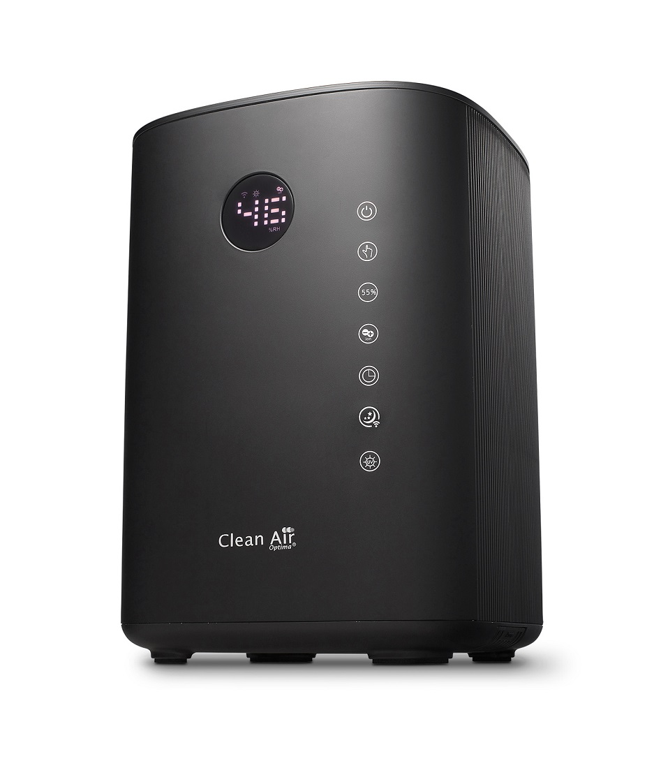 A black air purifier with a digital display and icons on the front.