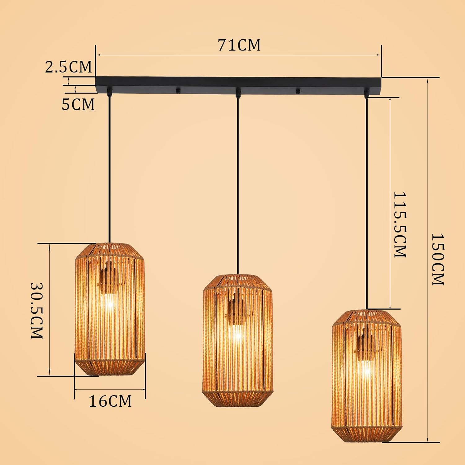 Una barra nera sorregge tre lampade a sospensione intrecciate con lampadine calde, dimensioni indicate.