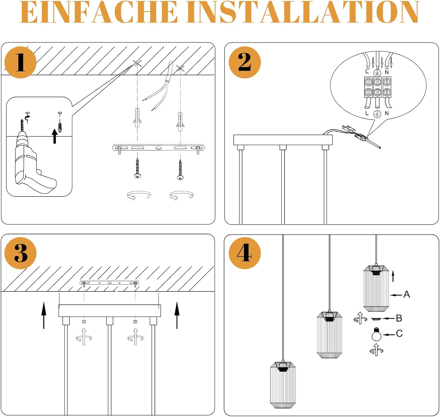 Istruzioni passo passo per una facile installazione di una lampada a sospensione, mostrando trapano, cablaggio e paralumi.