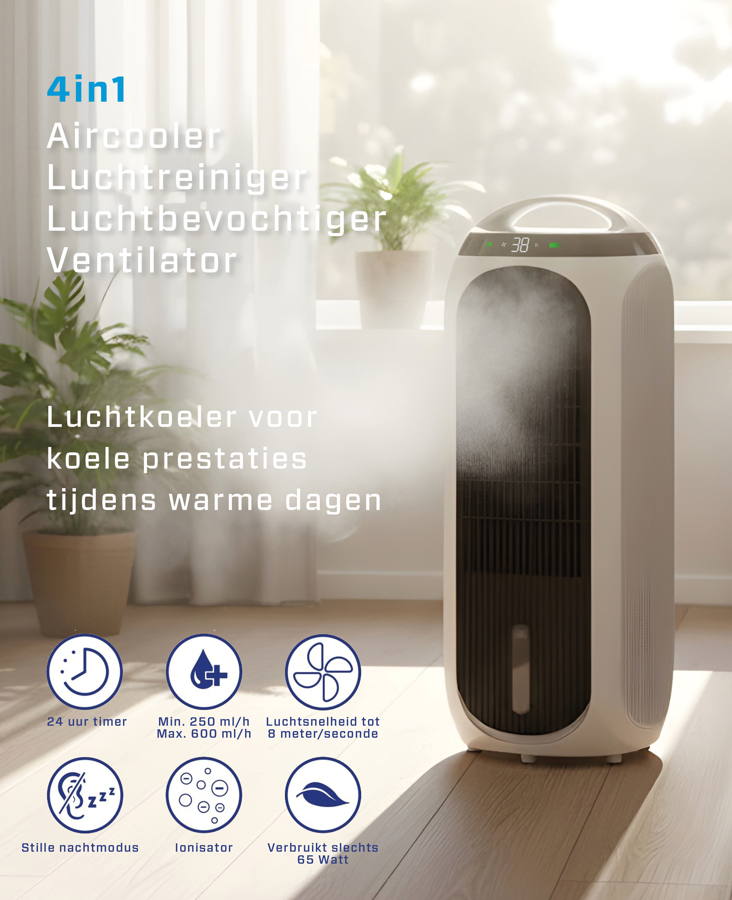 A white air cooler emitting mist in front of a window. Icons show features.